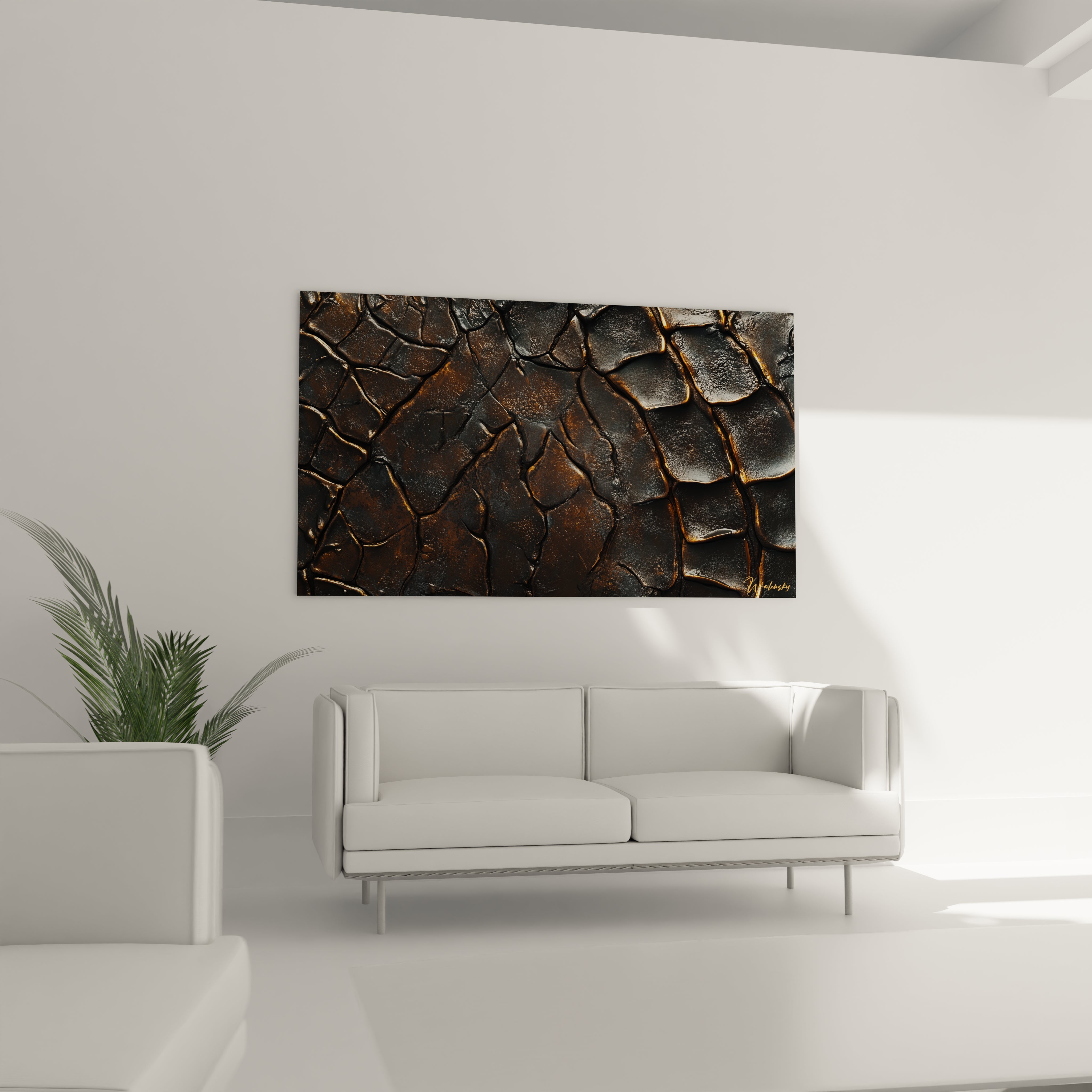 Un tableau texturé abstrait suspendu dans un intérieur moderne, mettant en avant des couleurs noir, bronze et doré, avec des reliefs brillants et des formes organiques.

