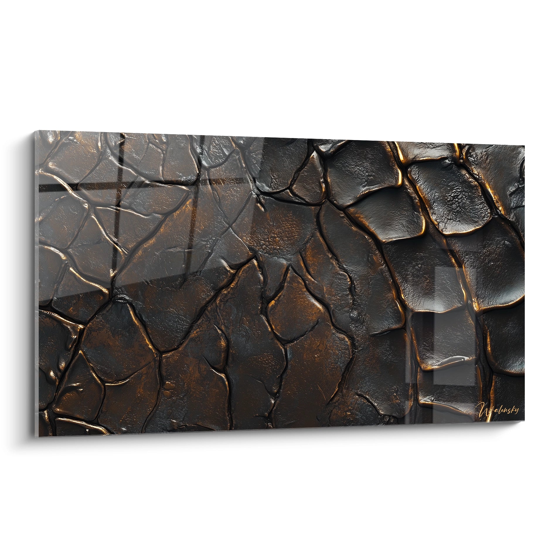 Un tableau texturé abstrait composé de reliefs craquelés, avec des teintes noir profond, bronze métallique et éclats dorés, évoquant des fissures naturelles et des surfaces brillantes.

