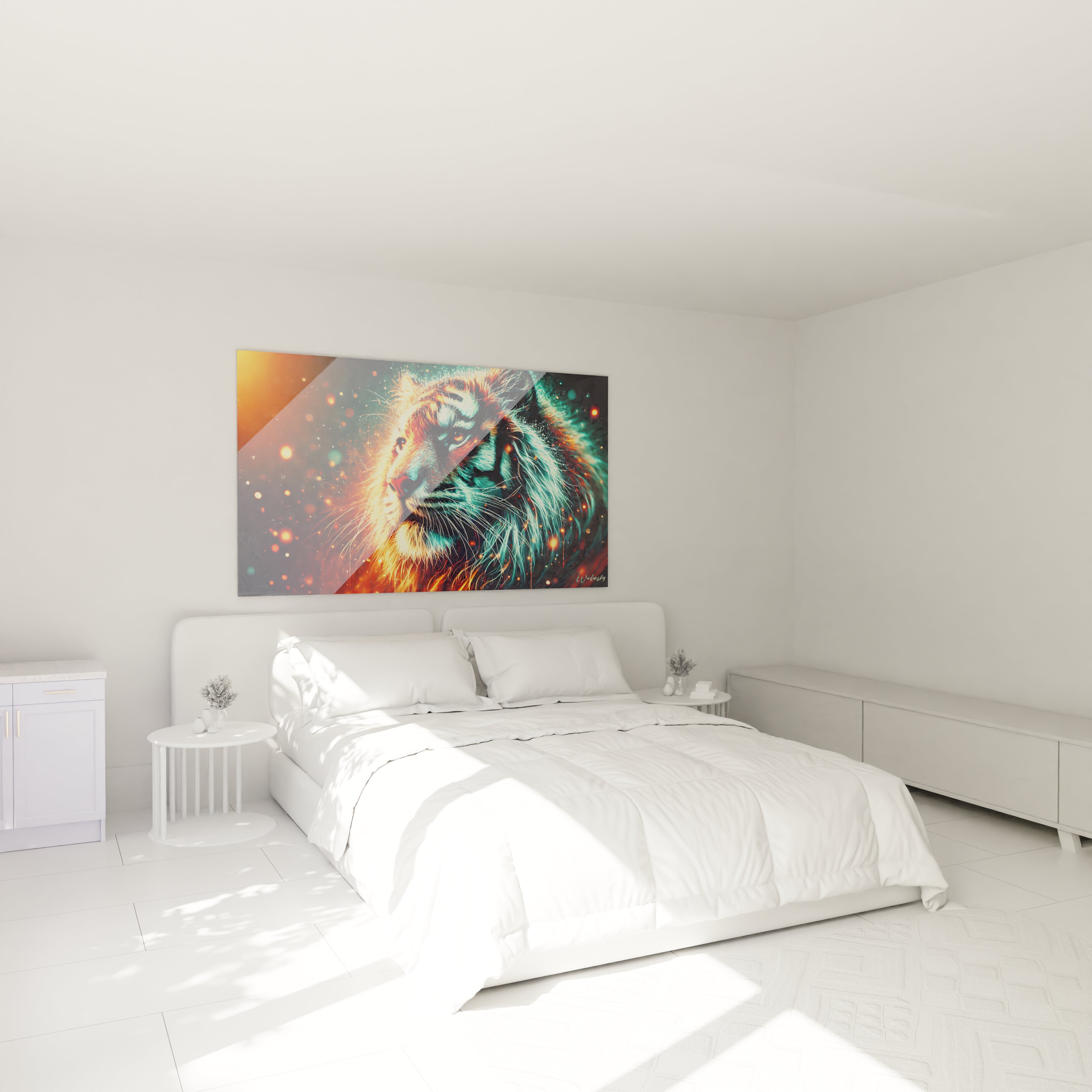 Accroché au-dessus du lit, ce tableau tigre crée une atmosphère apaisante et puissante dans la chambre. La combinaison des teintes éclatantes illumine l’espace, apportant force et élégance à votre décoration.

