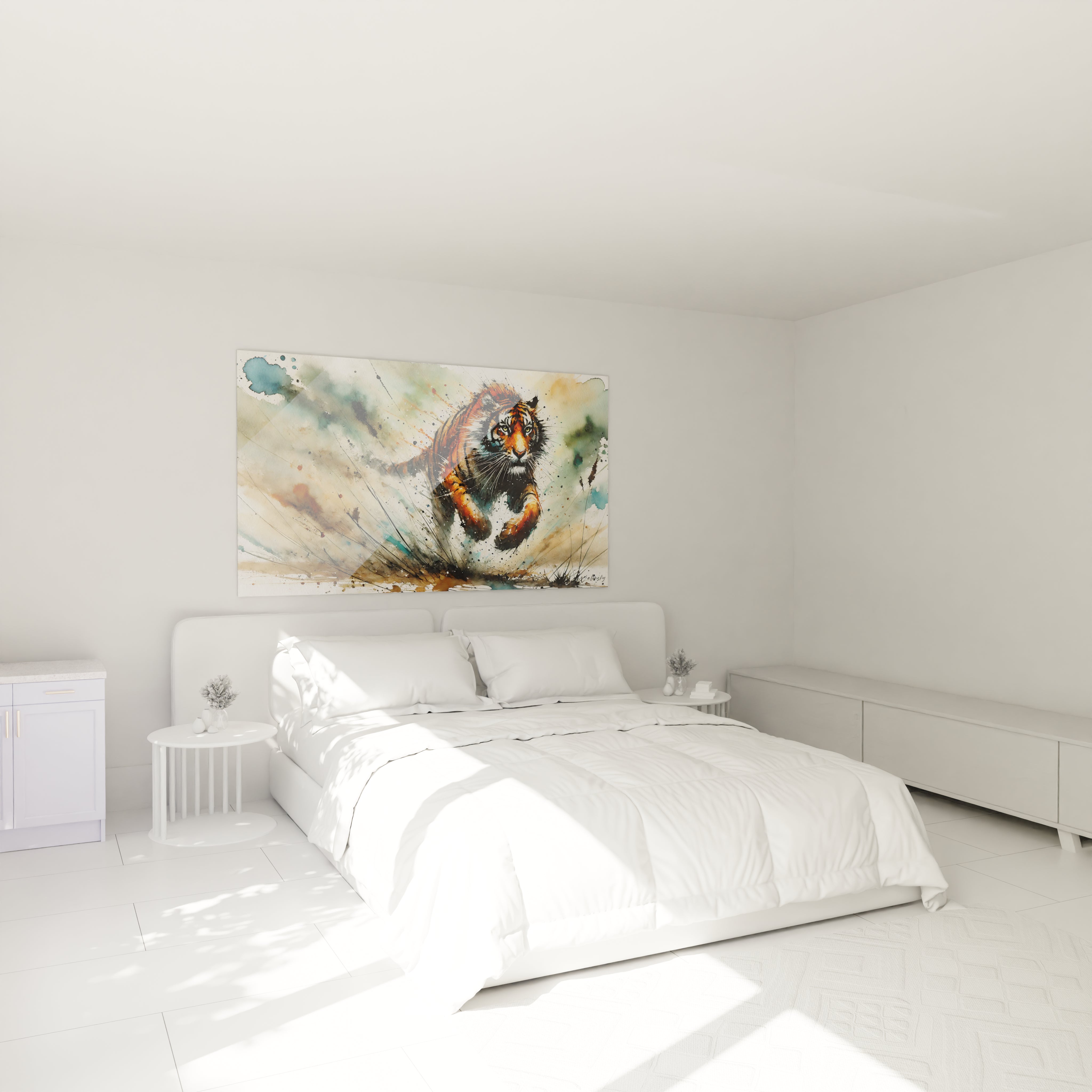 Accroché au mur dans une chambre, ce tableau tigre au-dessus du lit infuse l'espace d'une puissance féline. Son style expressif et vibrant apporte une touche d'énergie brute et de dynamisme à votre décoration.

