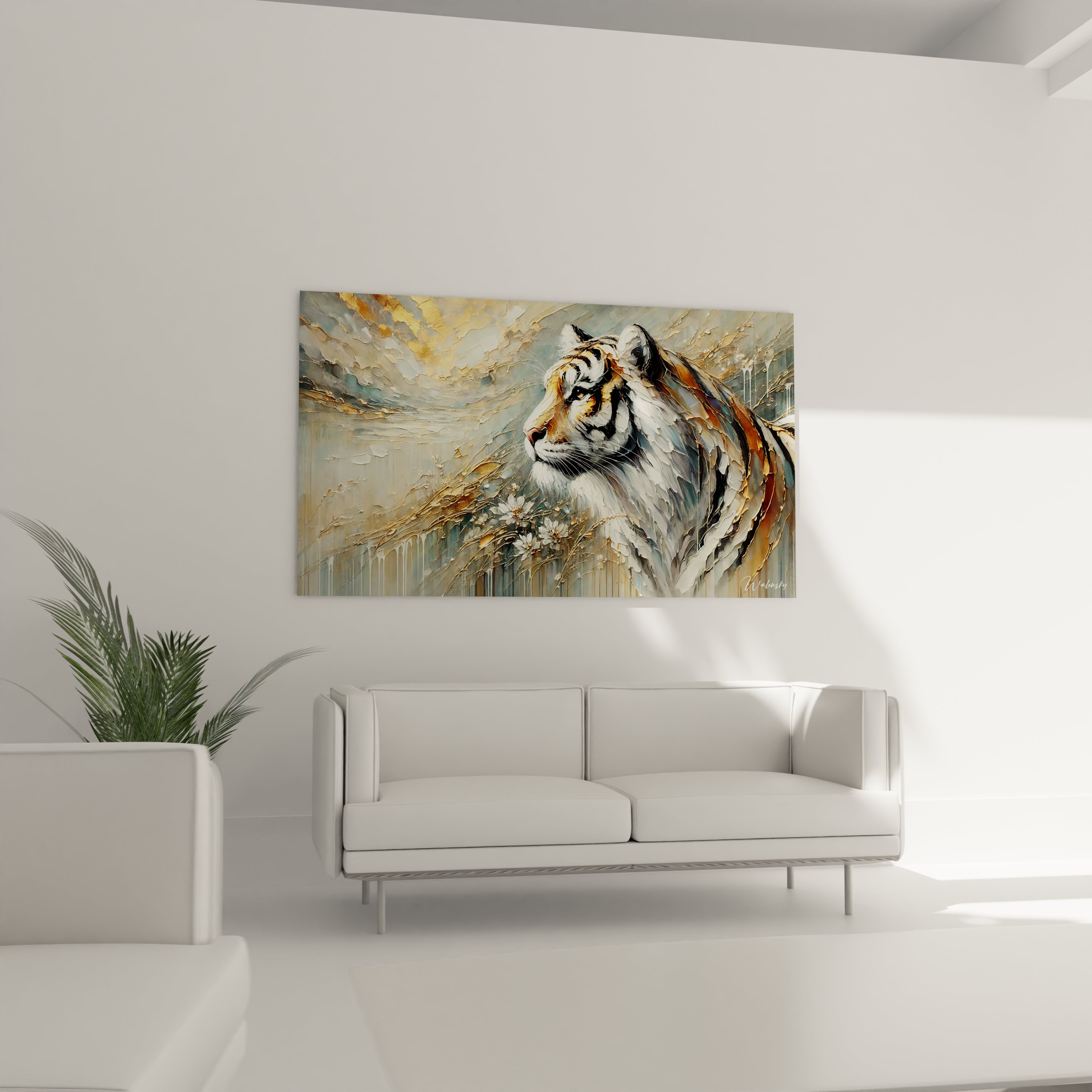 Ce tableau tigre au-dessus d'un canapé dans le salon devient un point focal impressionnant. Il allie l’élégance et la force du tigre, idéal pour renforcer le caractère de votre décoration moderne.

