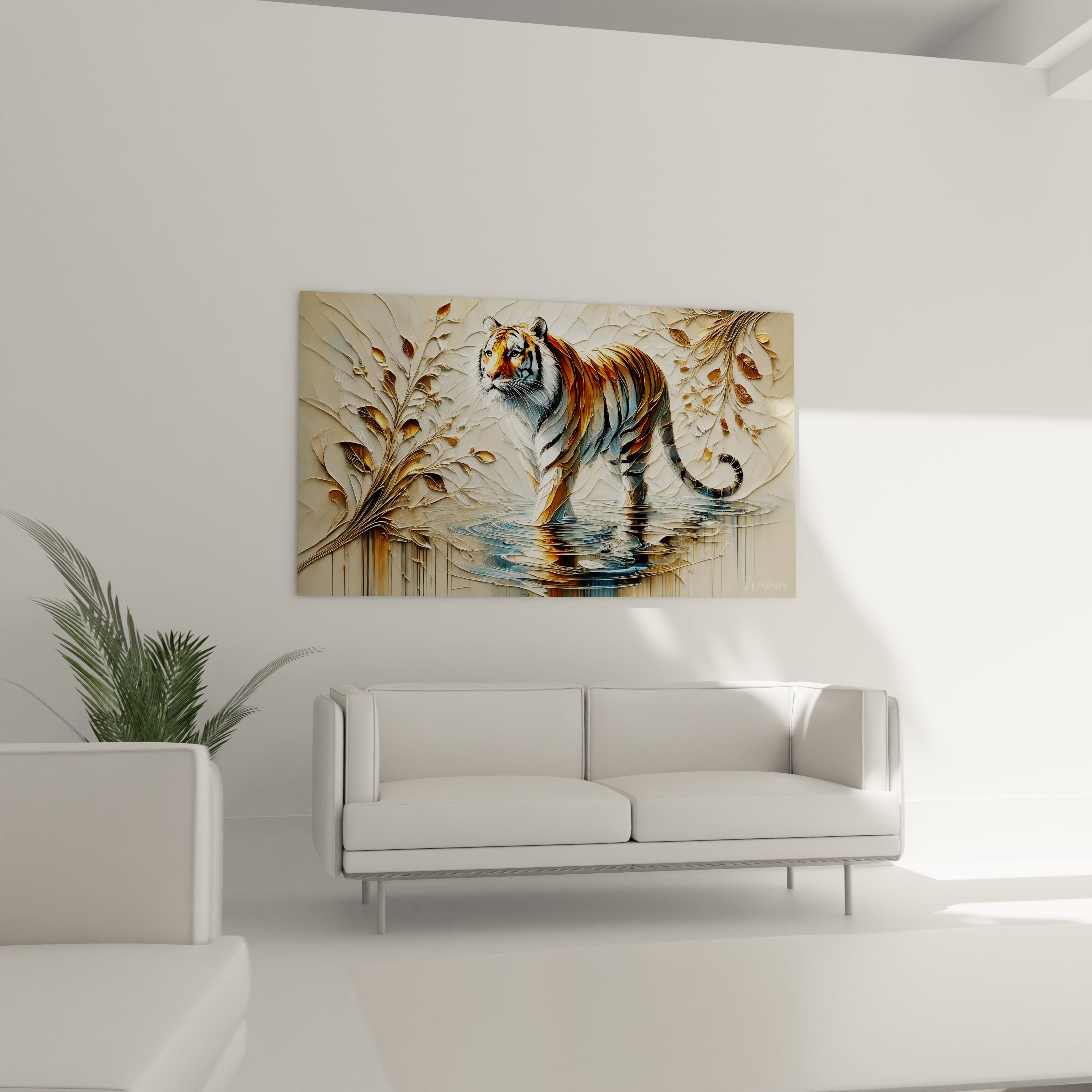 Ce tableau tigre, accroché au-dessus du canapé, apporte force et sérénité à votre salon. Les couleurs dorées et le réalisme du tigre créent un impact visuel fort, idéal pour un intérieur moderne et élégant.

