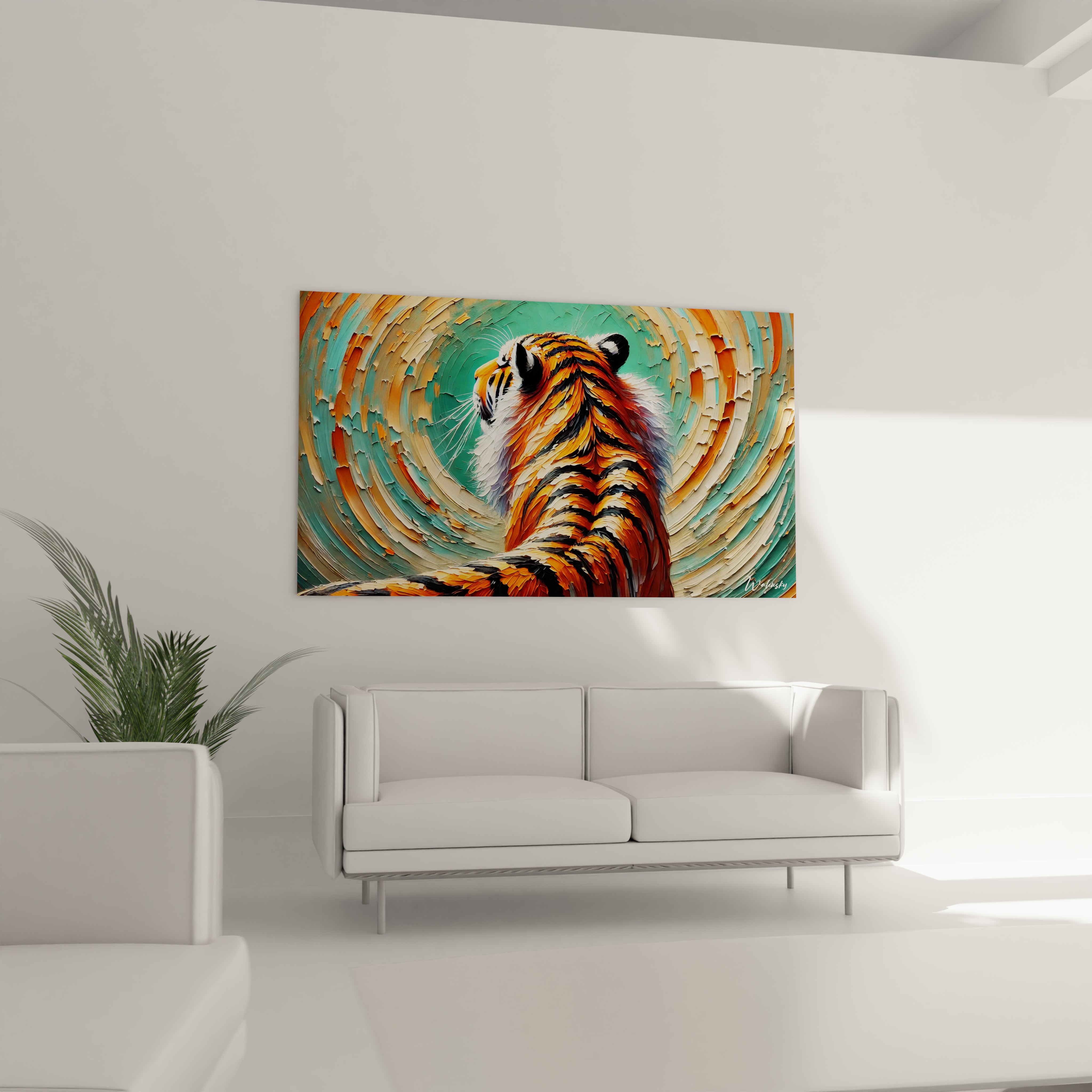 Le tableau tigre dans un salon apporte une touche de majesté au-dessus du canapé. Les couleurs vives et la texture réaliste donnent vie à la pièce, créant une atmosphère captivante et chaleureuse.

