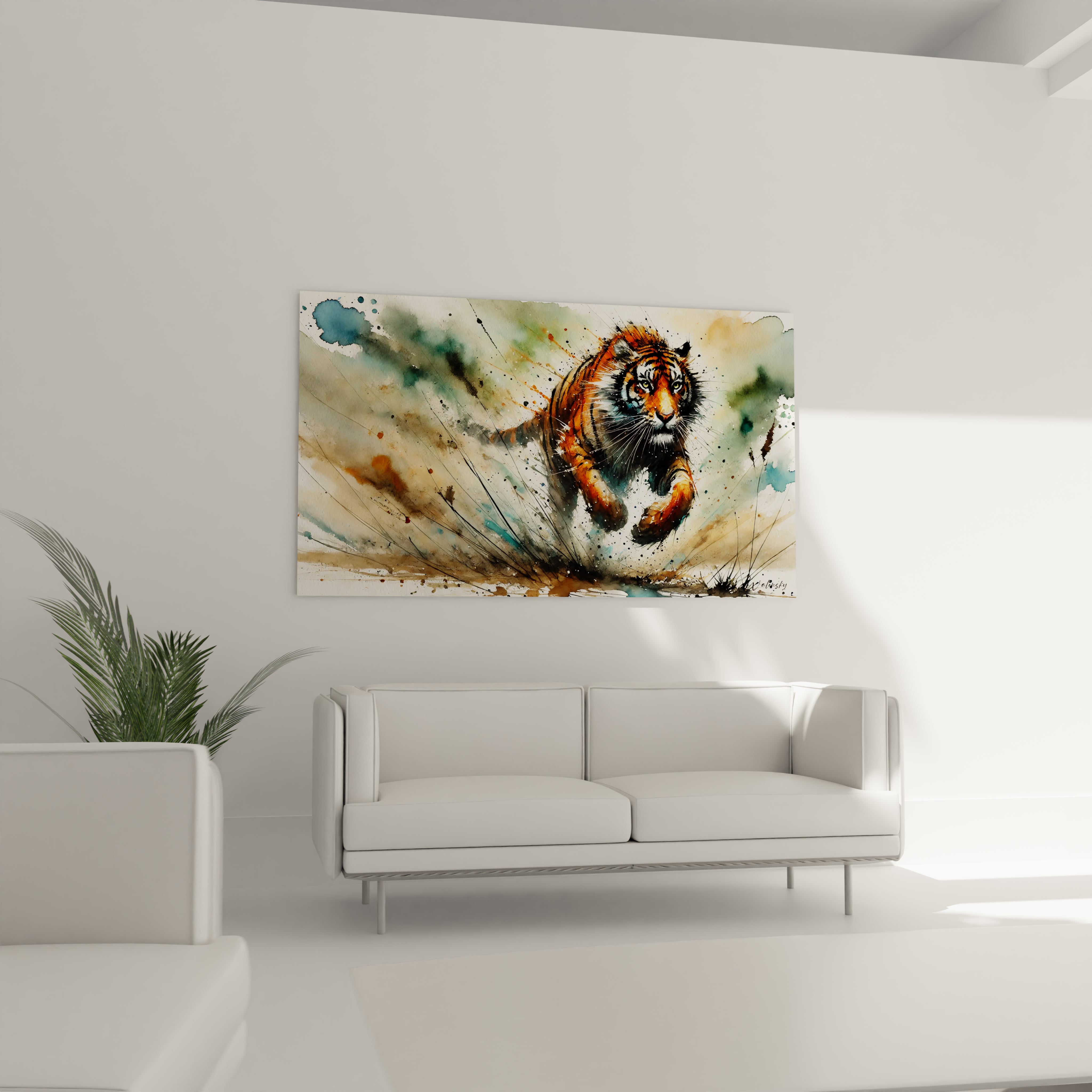 Ce tableau tigre au-dessus du canapé dans un salon crée une ambiance saisissante. Son design expressif avec des éclaboussures de peinture projette un mouvement intense qui capte l'attention dès l'entrée dans la pièce.

