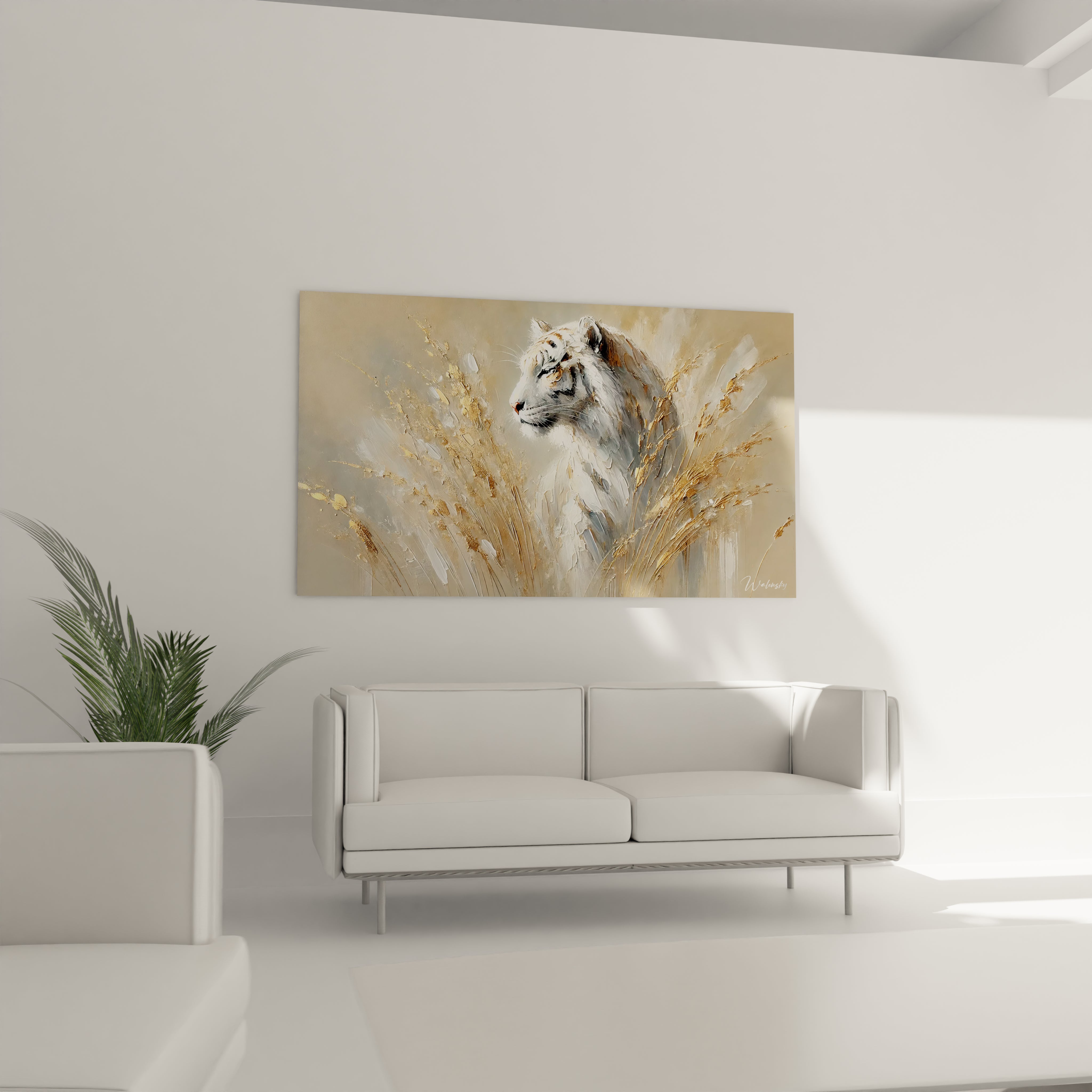 Accroché dans un salon au-dessus du canapé, ce tableau tigre devient le centre d’attention. L’interpretation minimaliste du tigre blanc apporte une touche de nature et d’elegance à la piece, accentuee par les herbes dorees.

