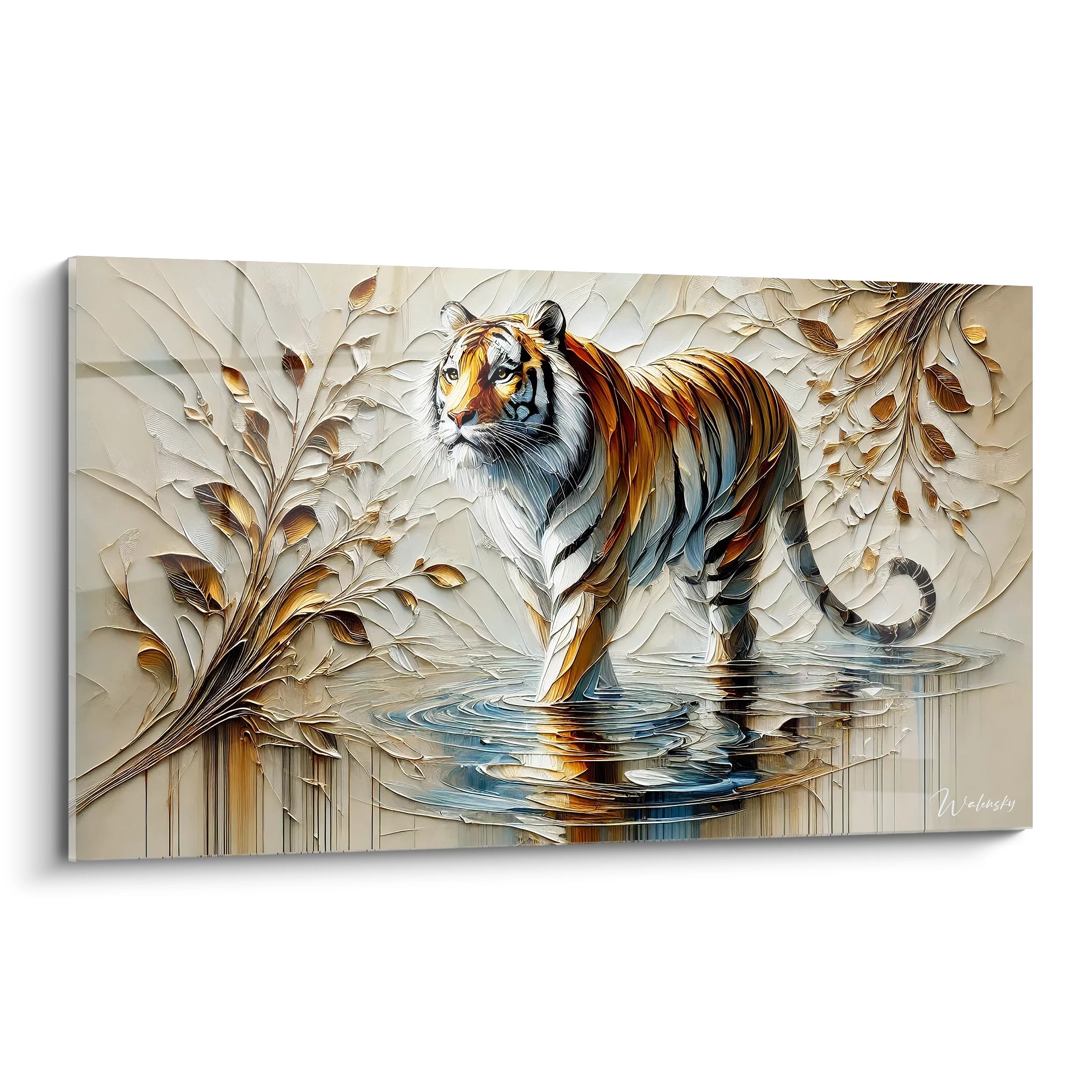 Ce tableau tigre vu de biais montre chaque détail captivant de l'œuvre. Les textures riches et les nuances dorées ajoutent profondeur et élégance à l’image du tigre majestueux. Parfait pour une décoration raffinée.

