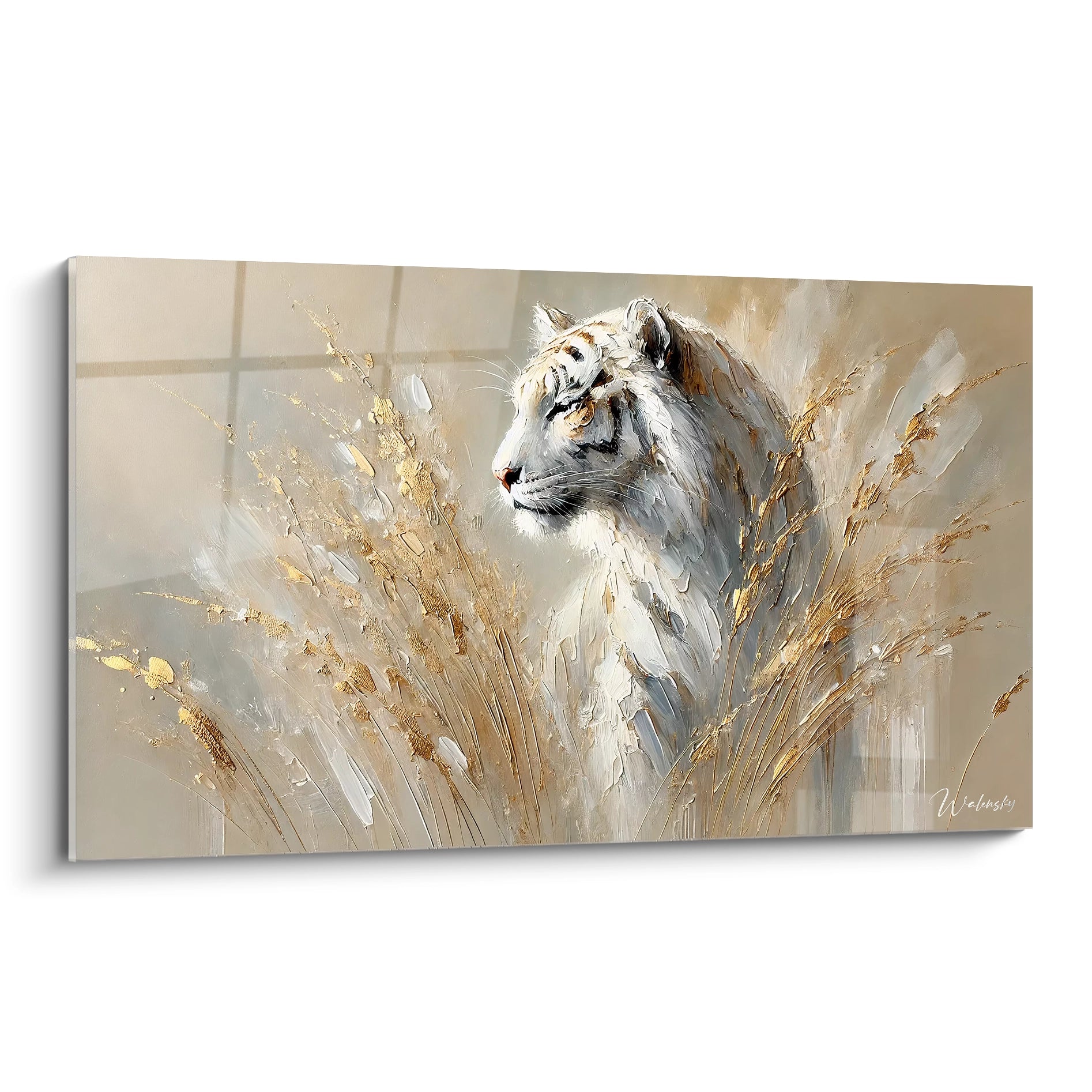 Ce tableau tigre vu de biais met en avant l’equilibre entre puissance et serenite. Les herbes dorees encadrent le tigre blanc avec elegance, offrant une profondeur unique et harmonieuse à cette œuvre minimaliste.

