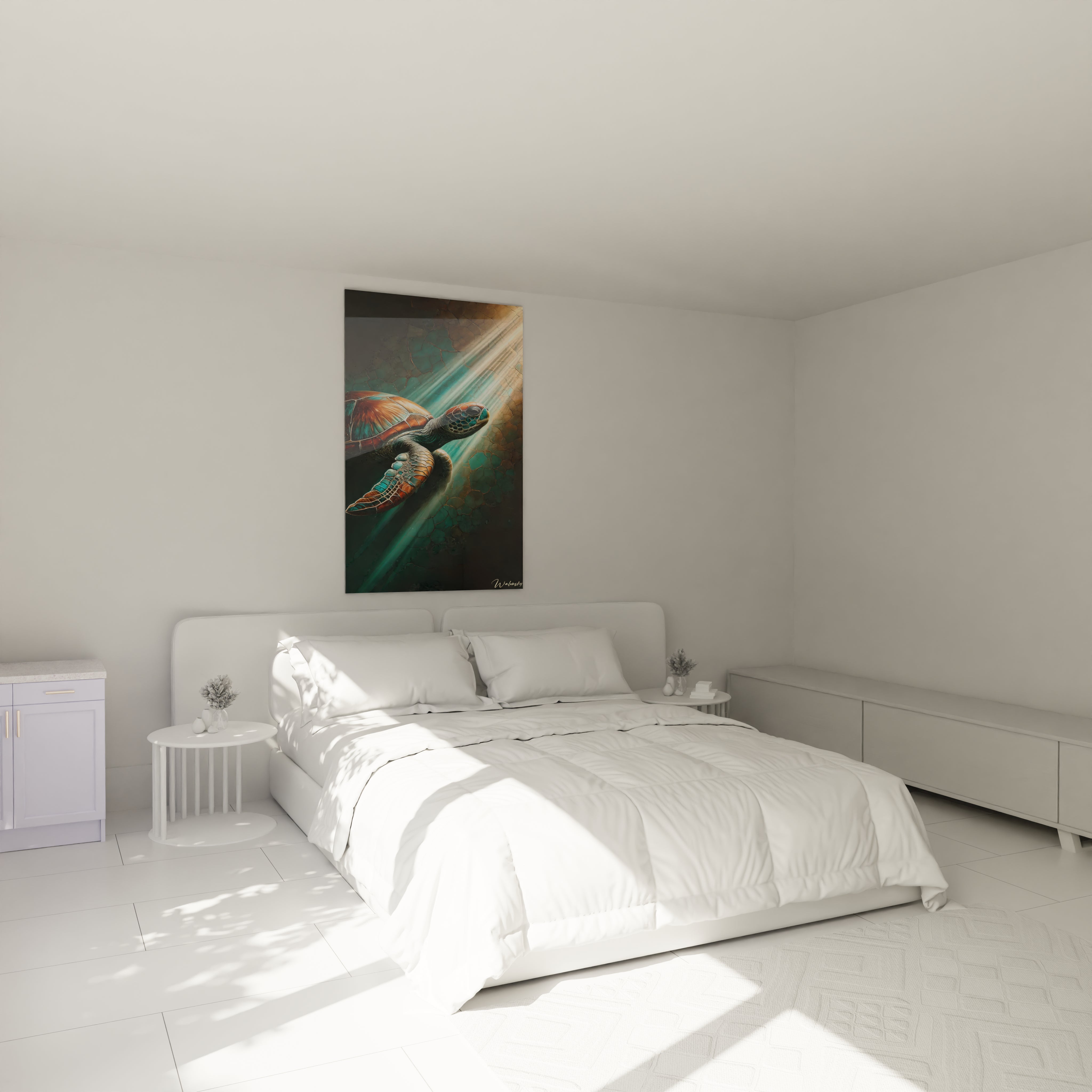 Sublimez votre chambre avec ce tableau tortue de mer accroché au-dessus du lit. Son contraste saisissant entre lumière et ombre ajoute une ambiance marine relaxante idéale pour un sommeil paisible.

