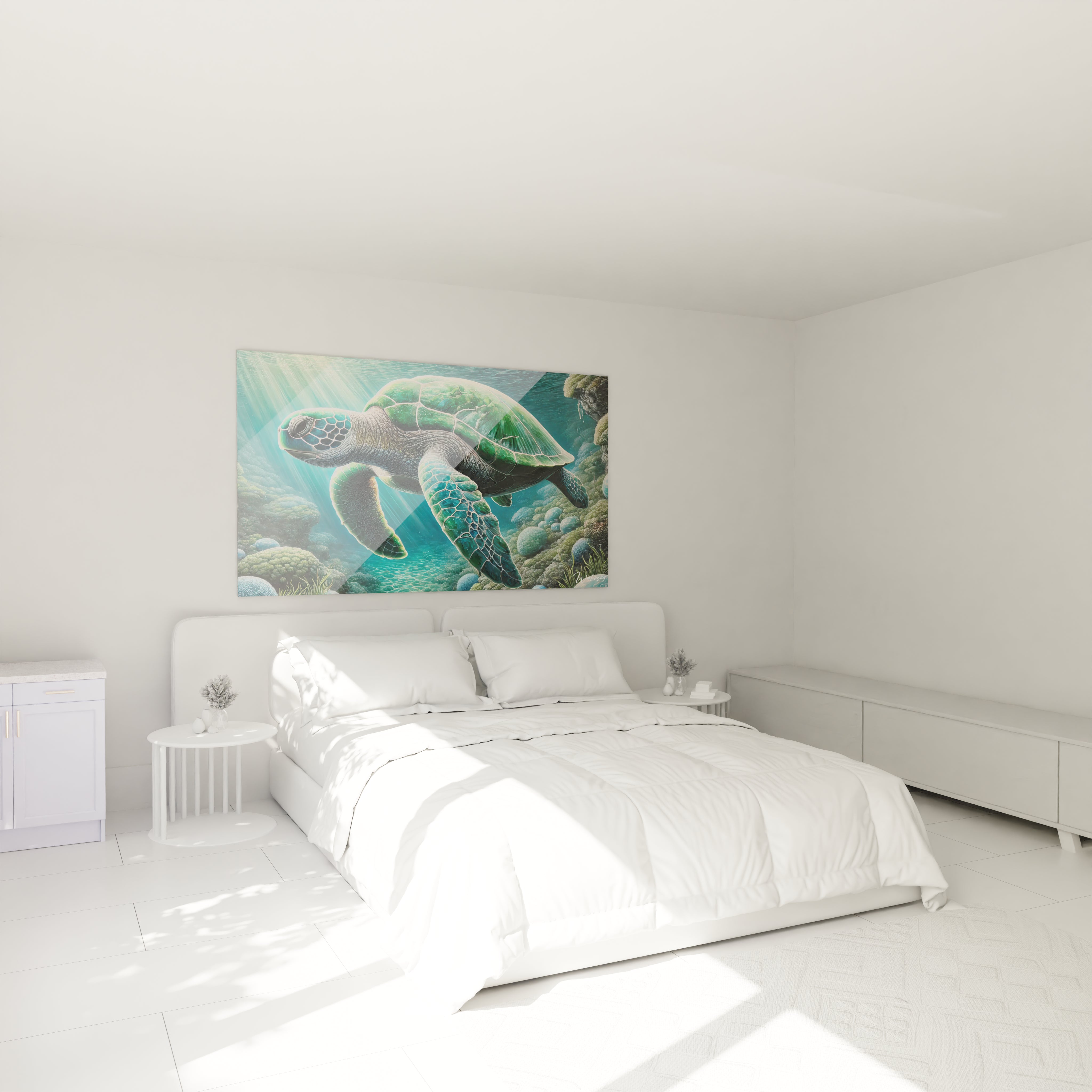 Ce tableau tortue de mer, accroché au-dessus du lit dans une chambre, apporte une atmosphère marine et apaisante. La tortue nage sereinement dans un décor sous-marin captivant, parfait pour créer une ambiance relaxante.

