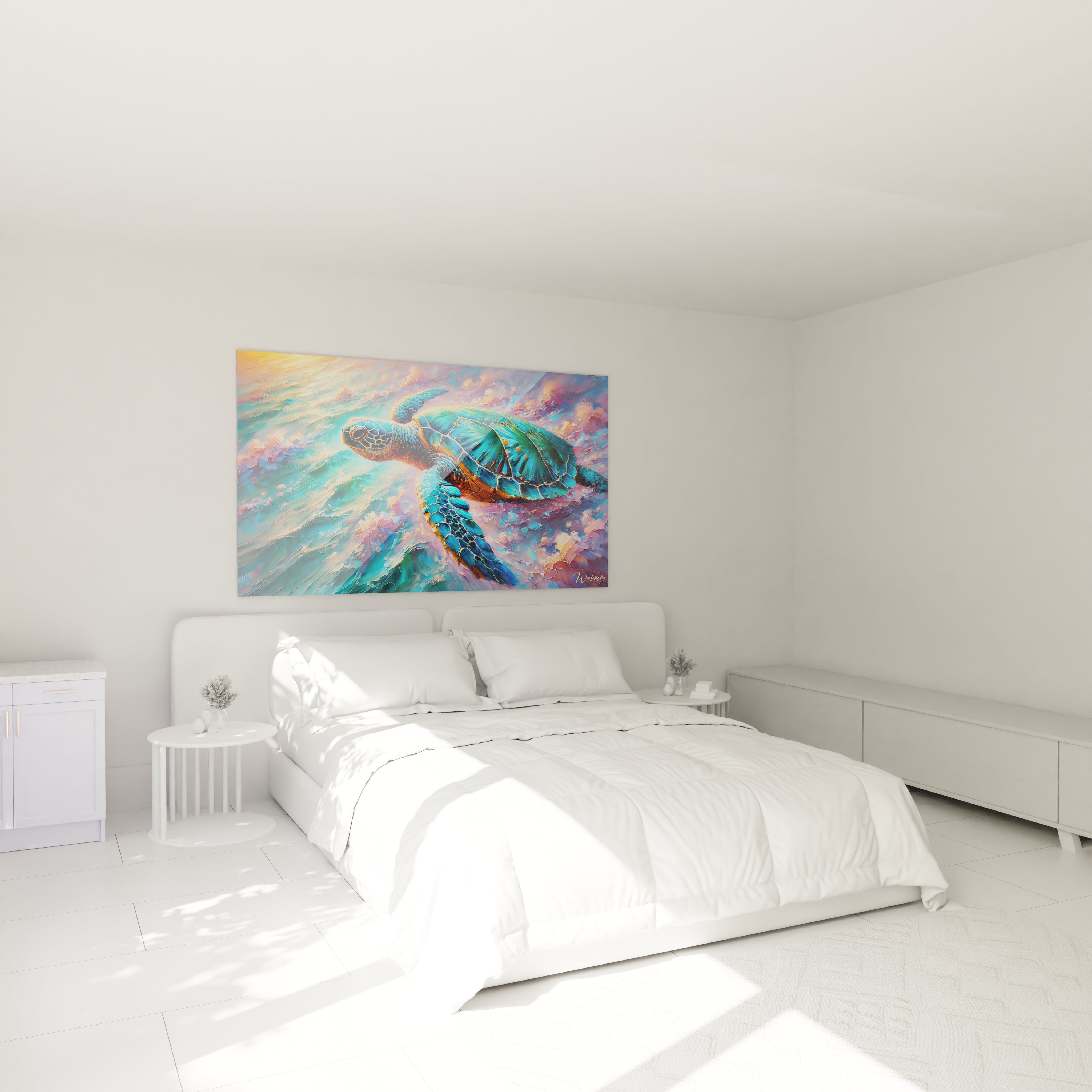 Accroche au-dessus d'un lit, ce tableau tortue de mer transforme votre chambre en un espace serein. Ses couleurs pastel evoquent un coucher de soleil tropical, apportant une touche d'exotisme naturel.

