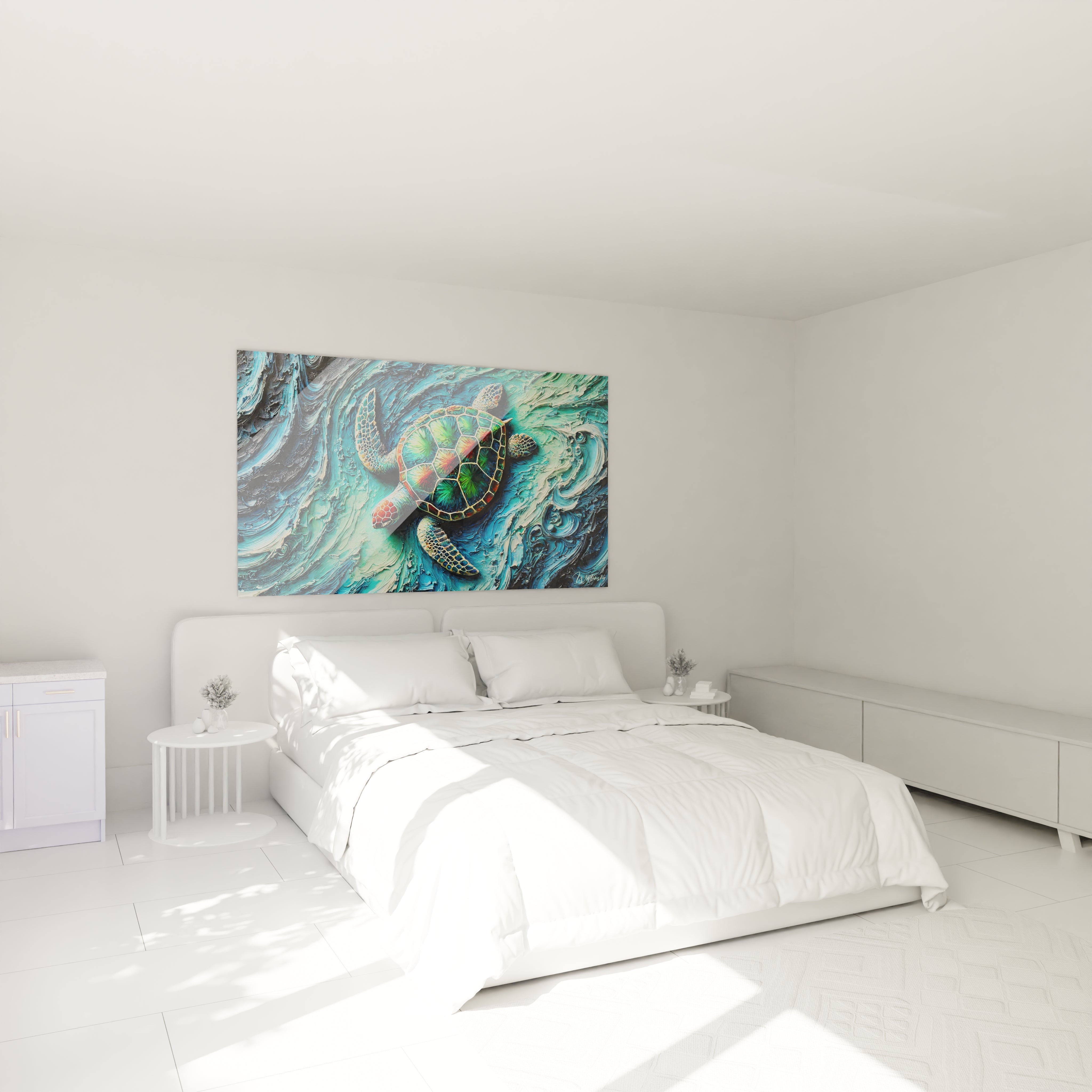 Ce tableau tortue de mer au-dessus du lit dans une chambre ajoute une touche apaisante et énergisante. Ses nuances océaniques et son design dynamique créent une ambiance relaxante et moderne.

