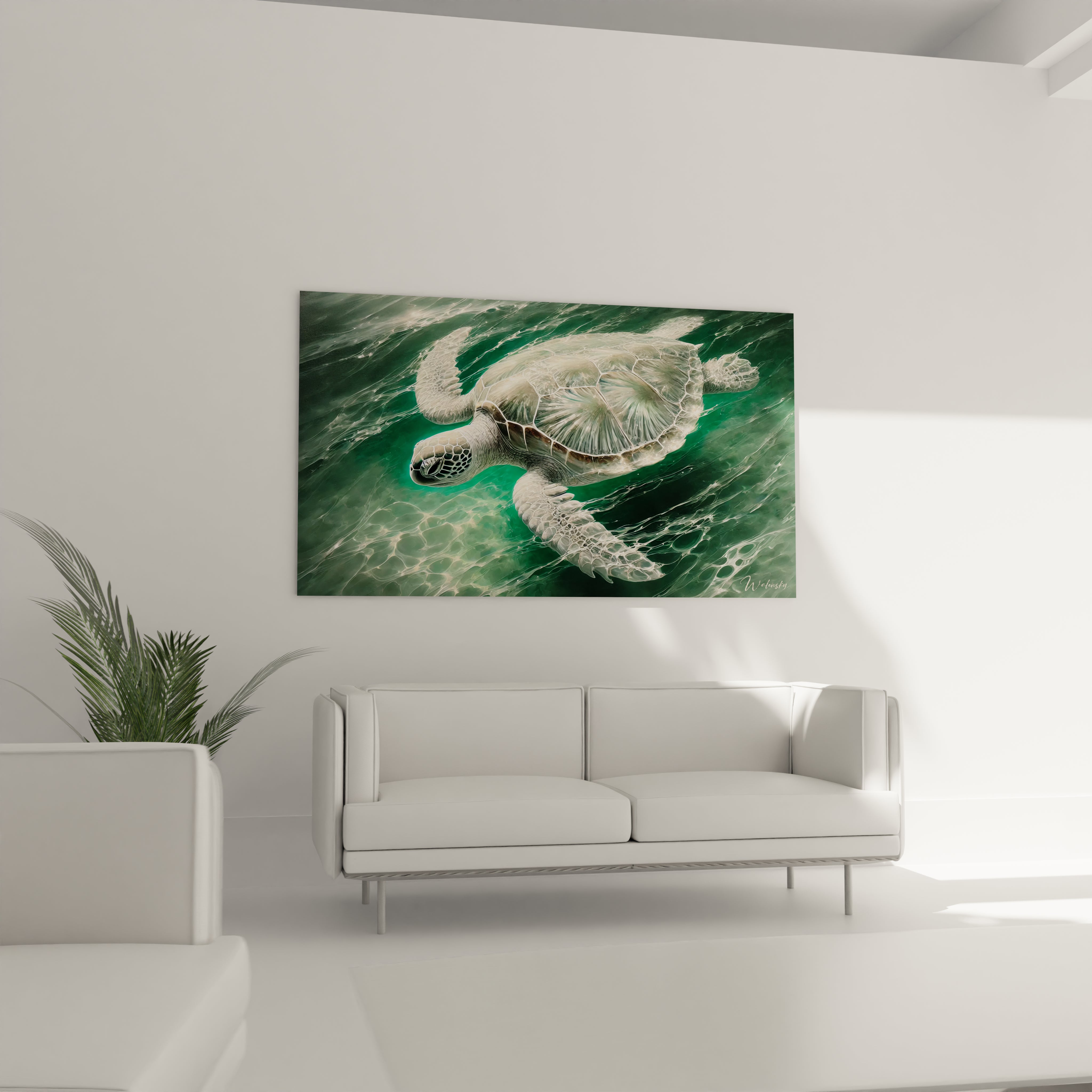 Sublimez votre salon avec ce tableau tortue de mer au-dessus du canapé. Il offre une atmosphère tropicale et apaisante, évoquant la beauté des profondeurs marines tout en apportant de la douceur à la pièce.

