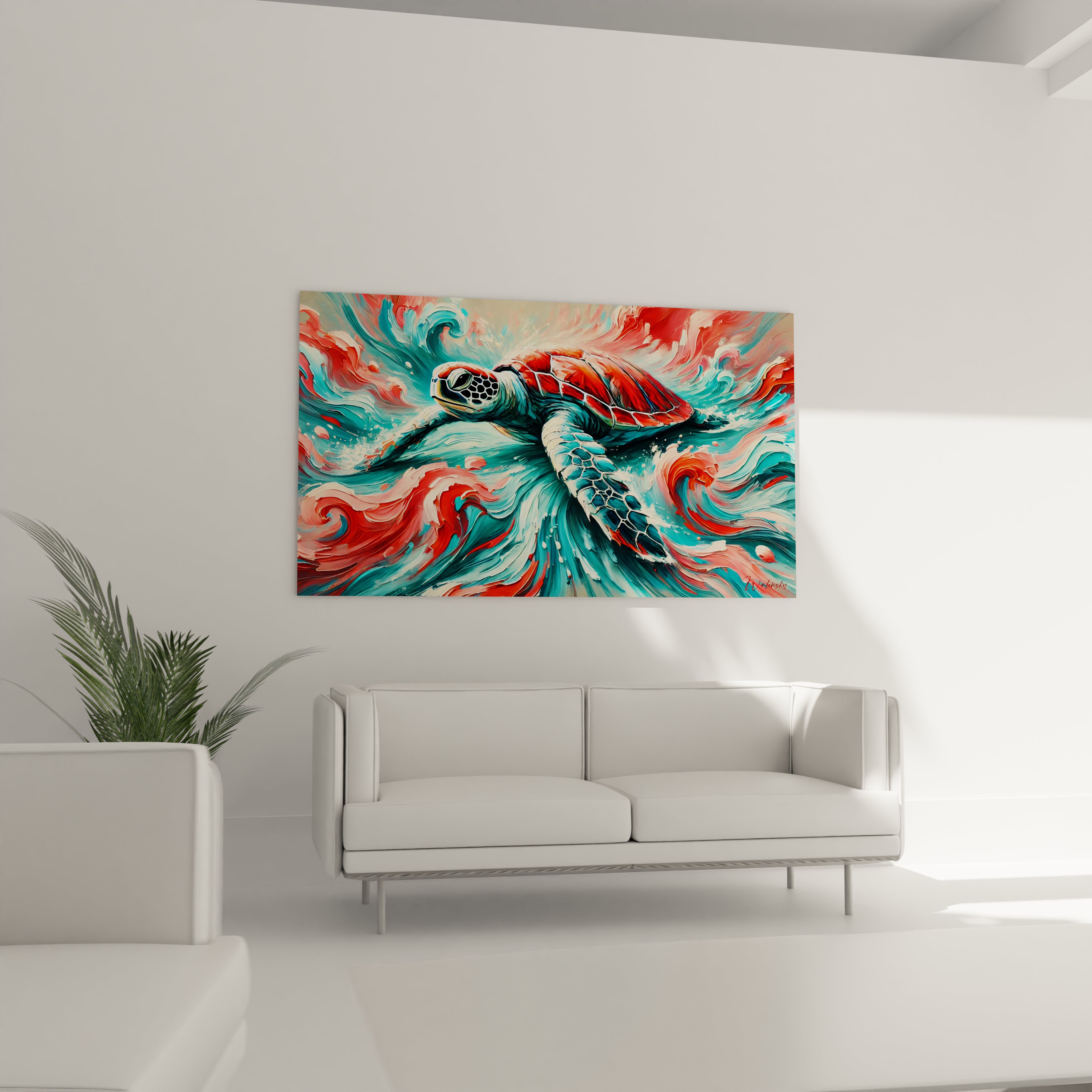 Ce tableau tortue de mer illumine le salon avec ses couleurs vives. Accroche au-dessus du canape, il apporte une touche moderne et vibrante, ideal pour un decor inspire par l’ocean.

