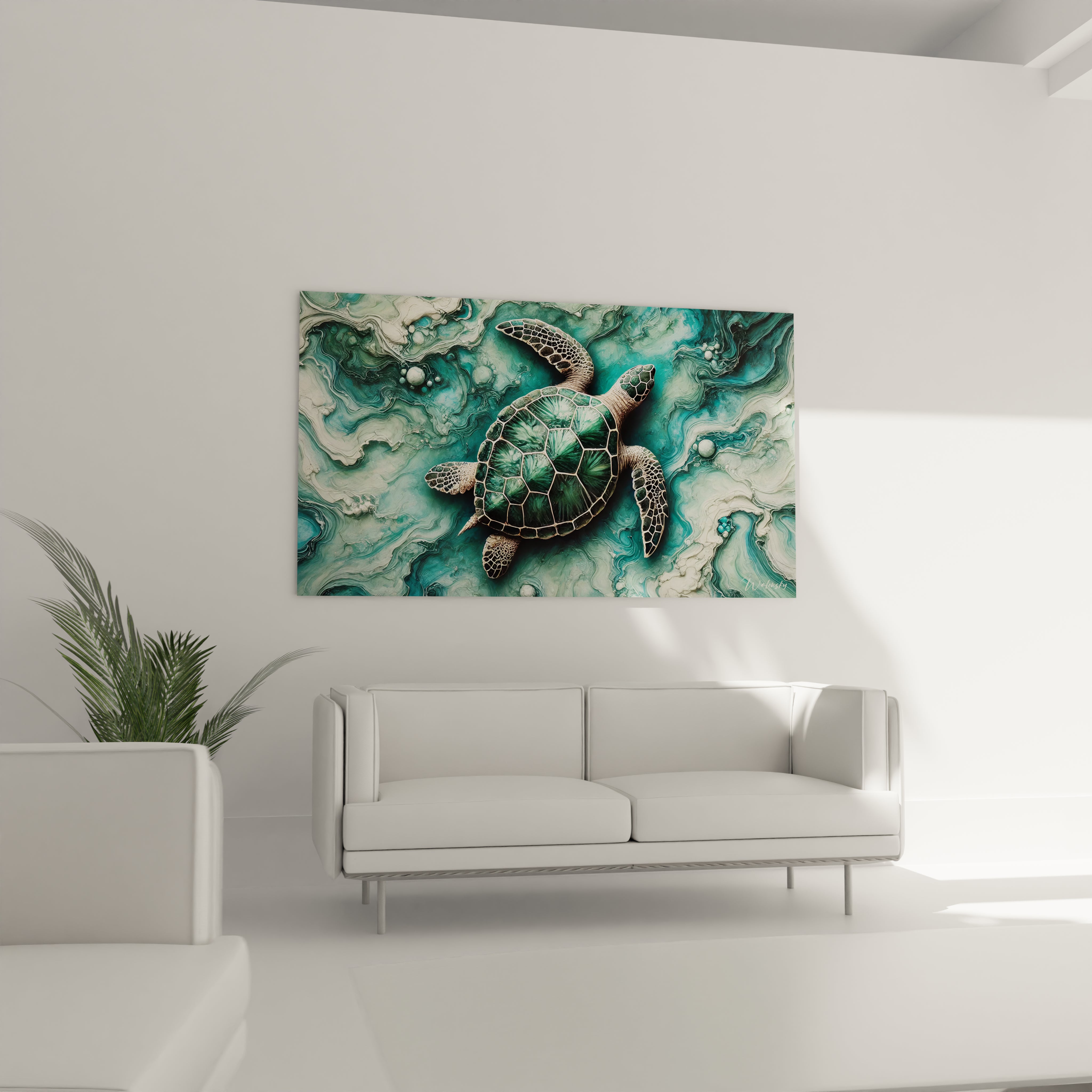 Sublimez votre salon avec ce tableau tortue de mer accroché au-dessus du canapé. Il offre une esthétique marine contemporaine, idéale pour apporter une touche de nature et de sérénité à votre espace.

