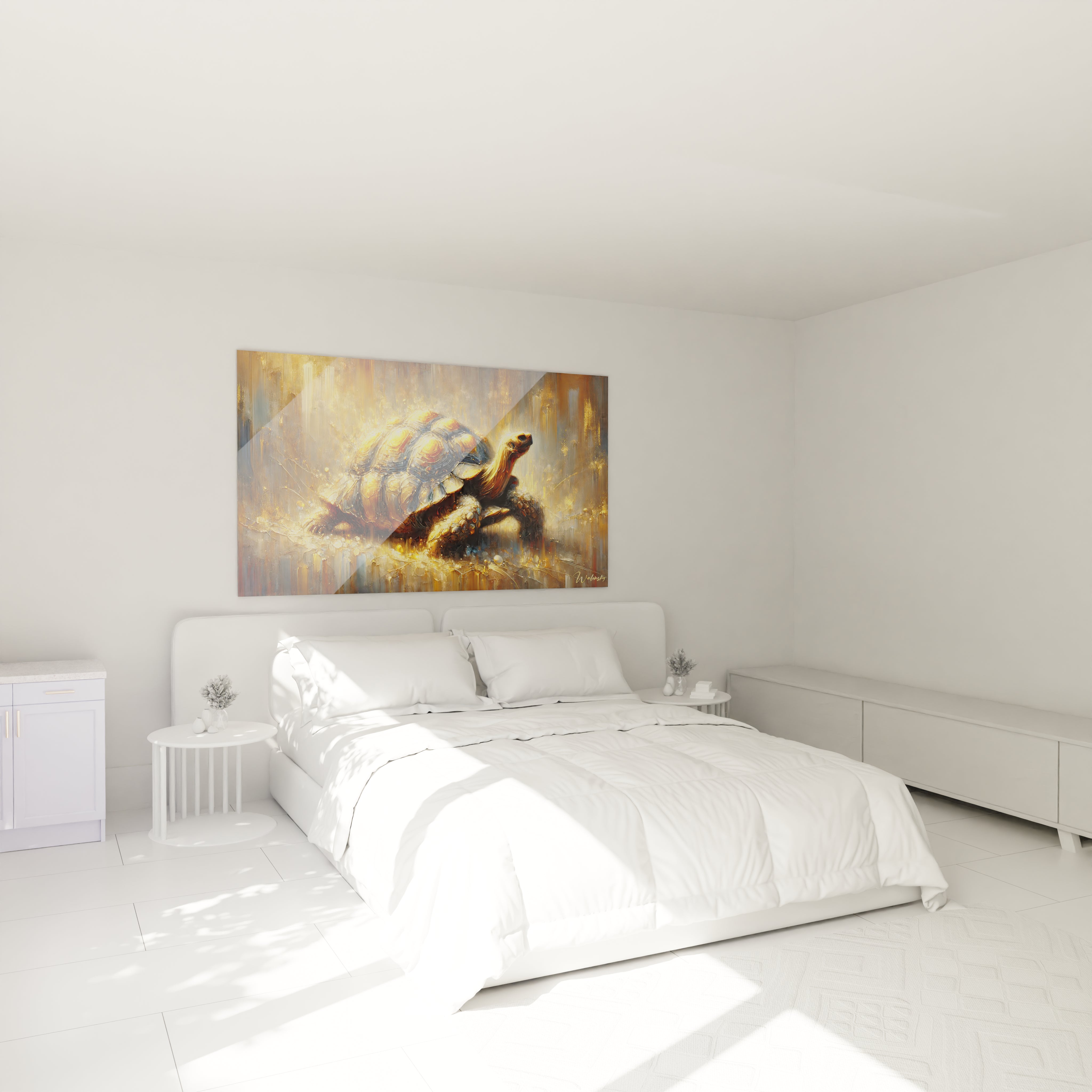 Accroché au-dessus du lit, ce tableau tortue terrestre apporte une touche de nature et de sophistication à la chambre. Ses détails lumineux et textures dorées créent une ambiance sereine et élégante.

