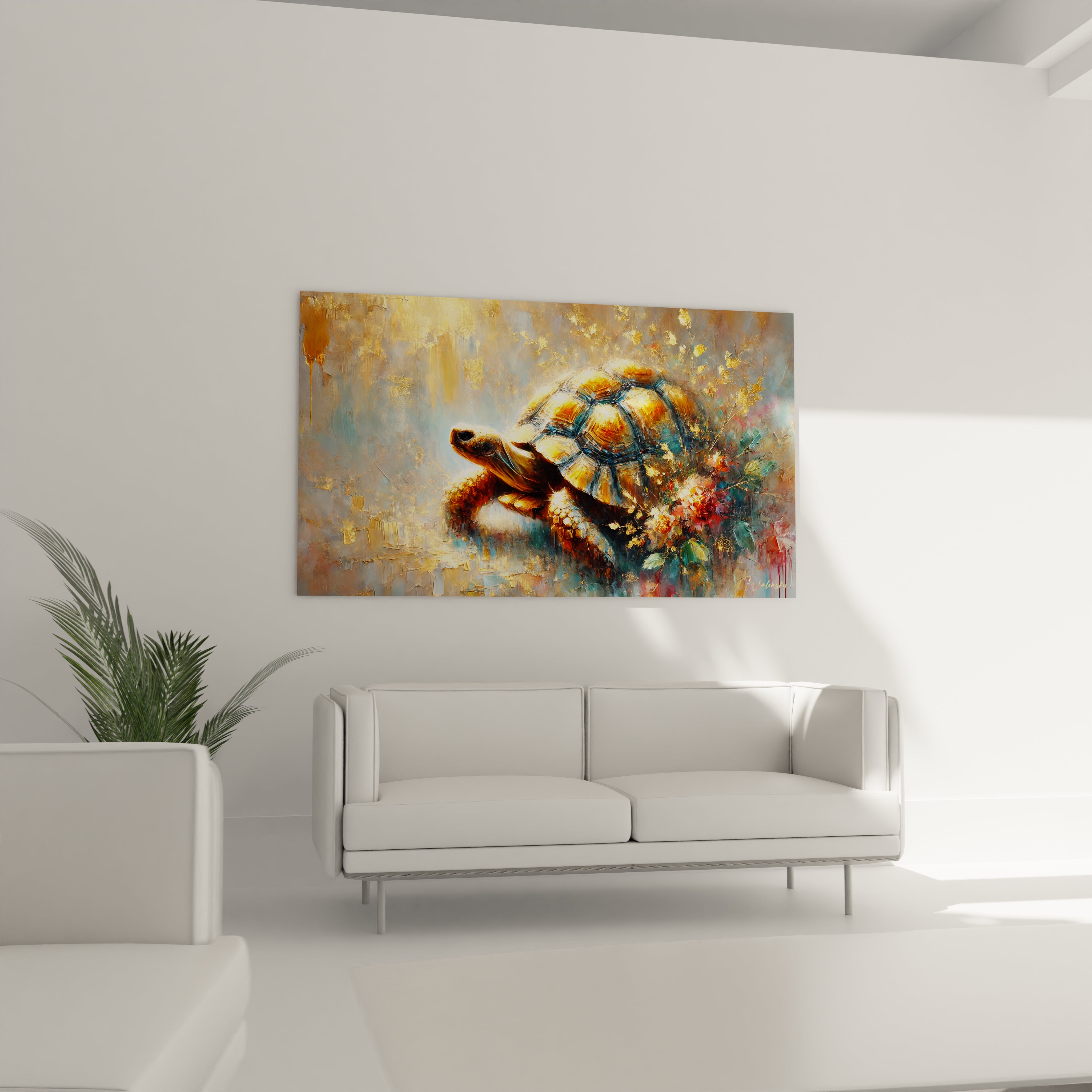 Ce tableau tortue terrestre placé au-dessus du canapé dans le salon devient un véritable point focal. Son design élégant et naturel s'intègre harmonieusement dans un intérieur chaleureux.

