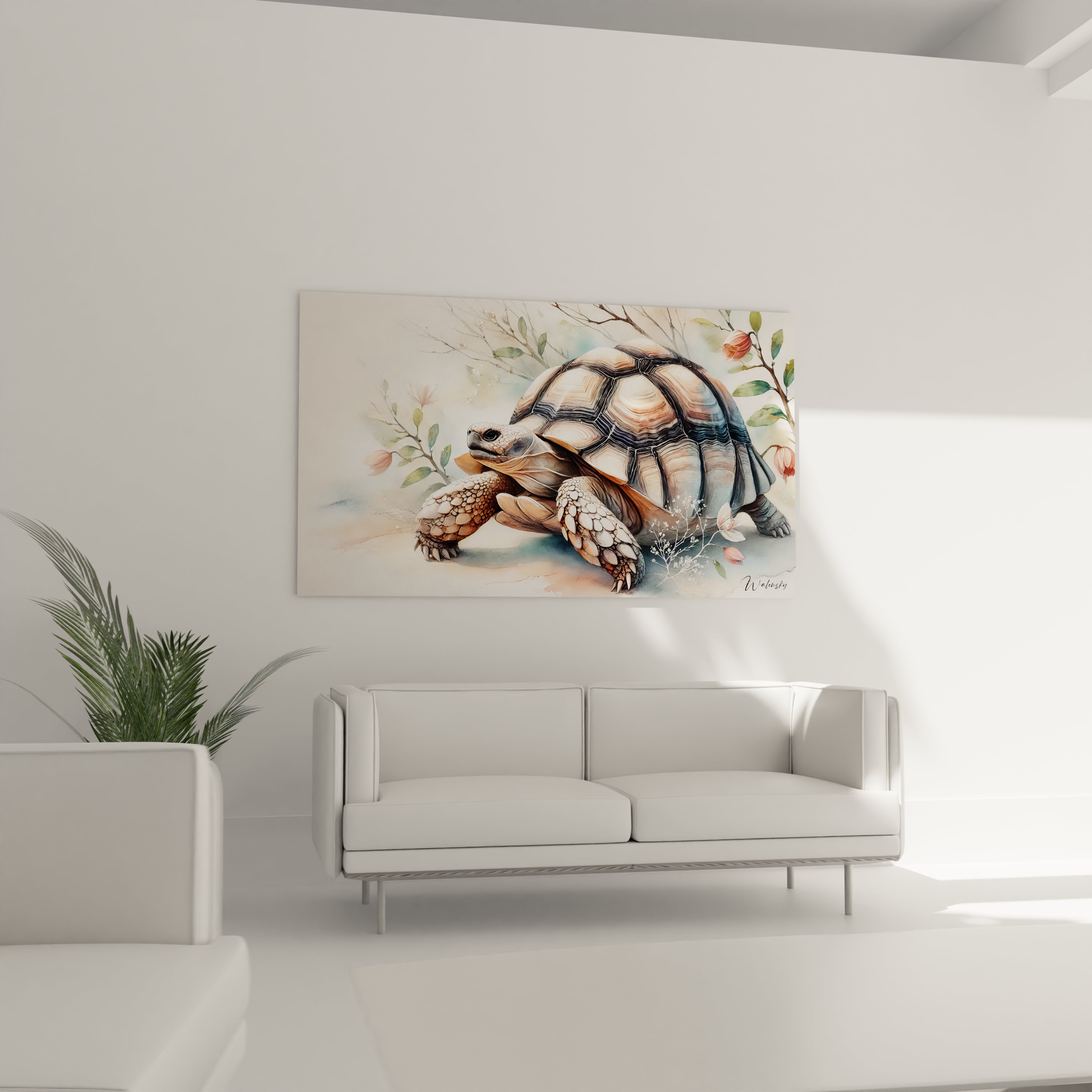 Dans un salon, le tableau tortue terrestre suspendu au-dessus du canape introduit une atmosphere de calme. Ses elements floraux delicats et sa carapace nuancee ajoutent une touche d'evasion.

