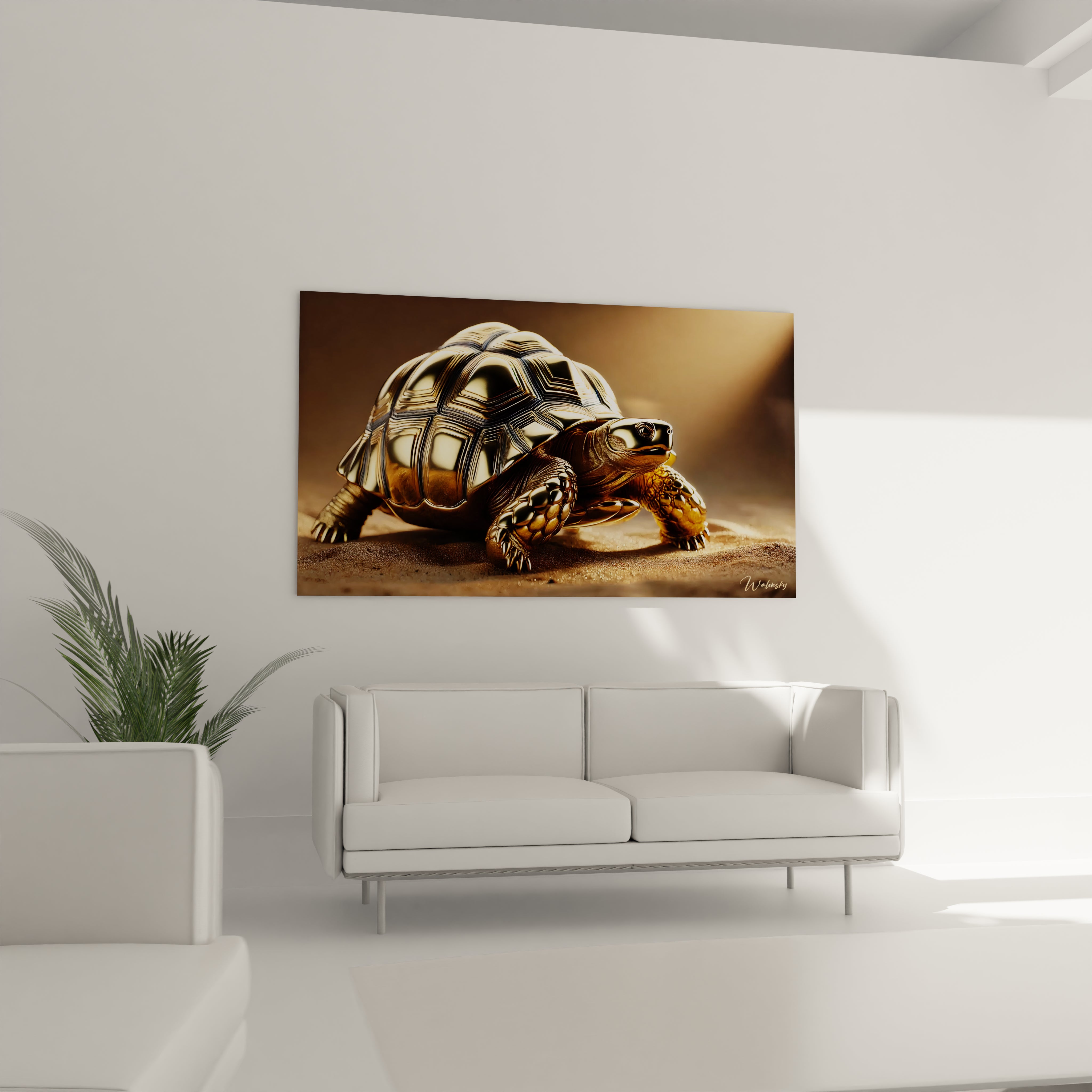 Ce tableau tortue terrestre, accroche au-dessus du canapé dans un salon, combine texture et lumiere pour creer une ambiance relaxante. Il enrichit l'espace avec des couleurs dorees et bronzees subtiles.

