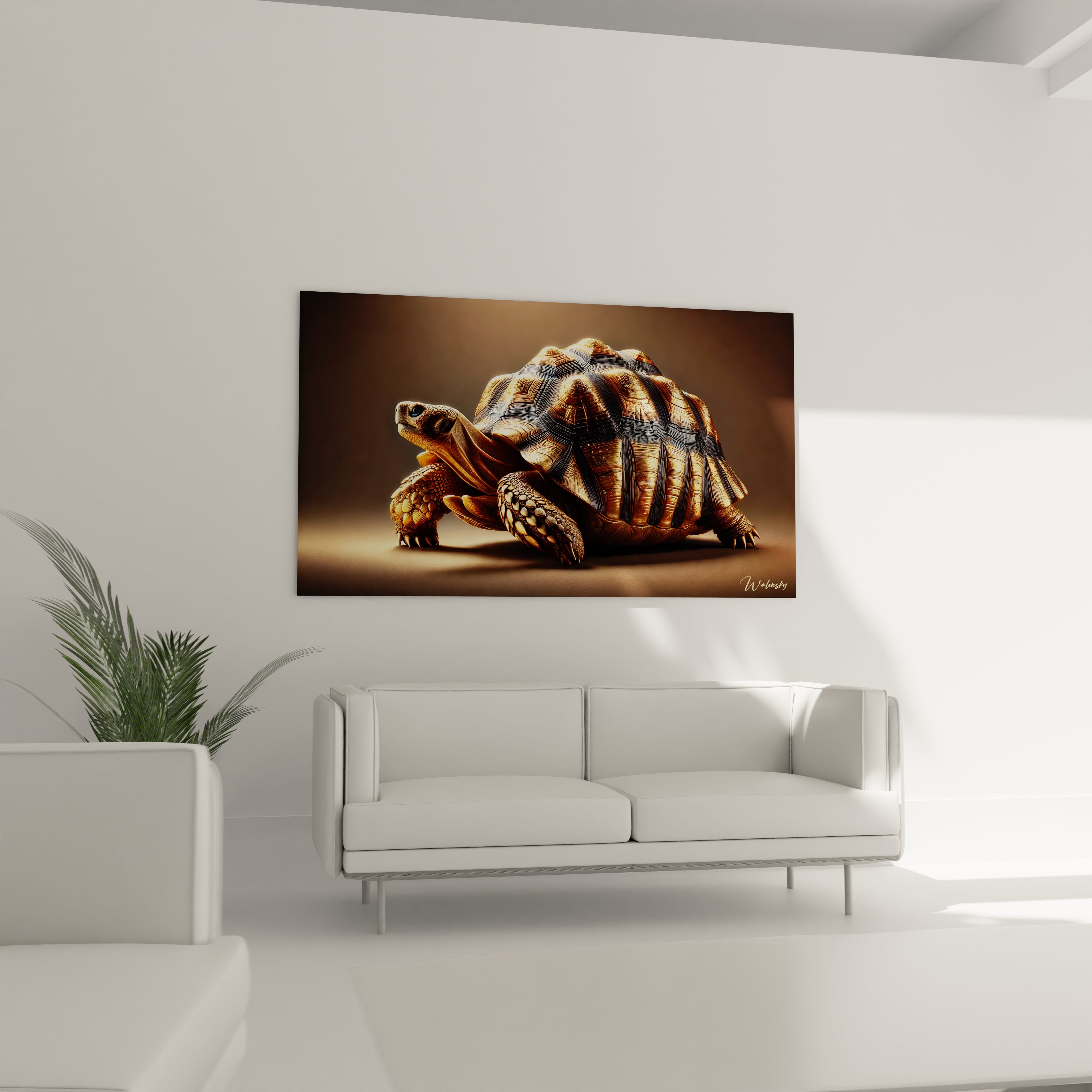 Dans un salon, accroche au-dessus d'un canapé, le tableau tortue terrestre devient une piece centrale, apportant une atmosphere apaisante grace a ses details delicats et sa representation elegante.

