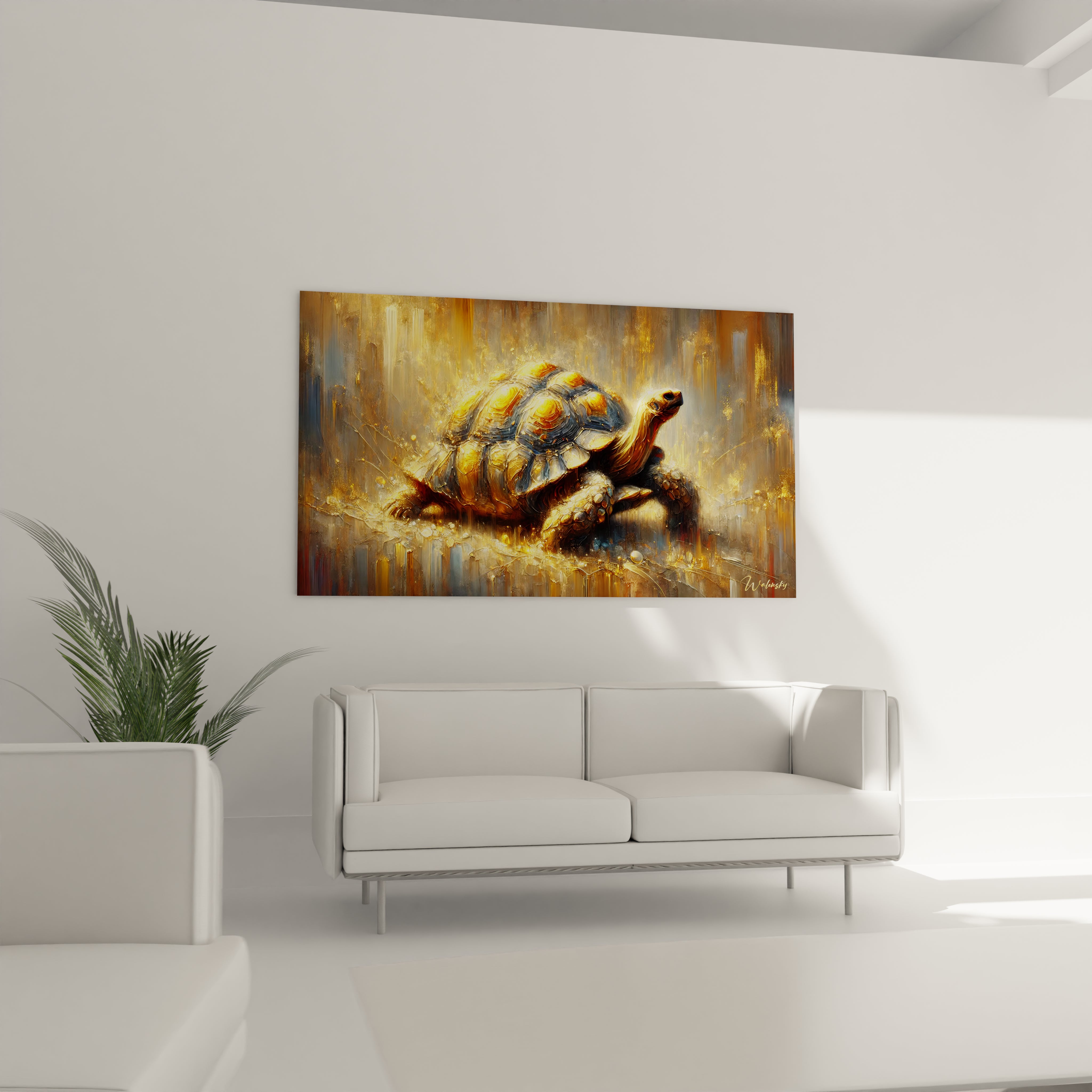 Ce tableau tortue terrestre, accroché au mur au-dessus du canapé, illumine le salon avec ses reflets métalliques. Son allure captivante apporte un mélange de nature et d’élégance à votre espace.

