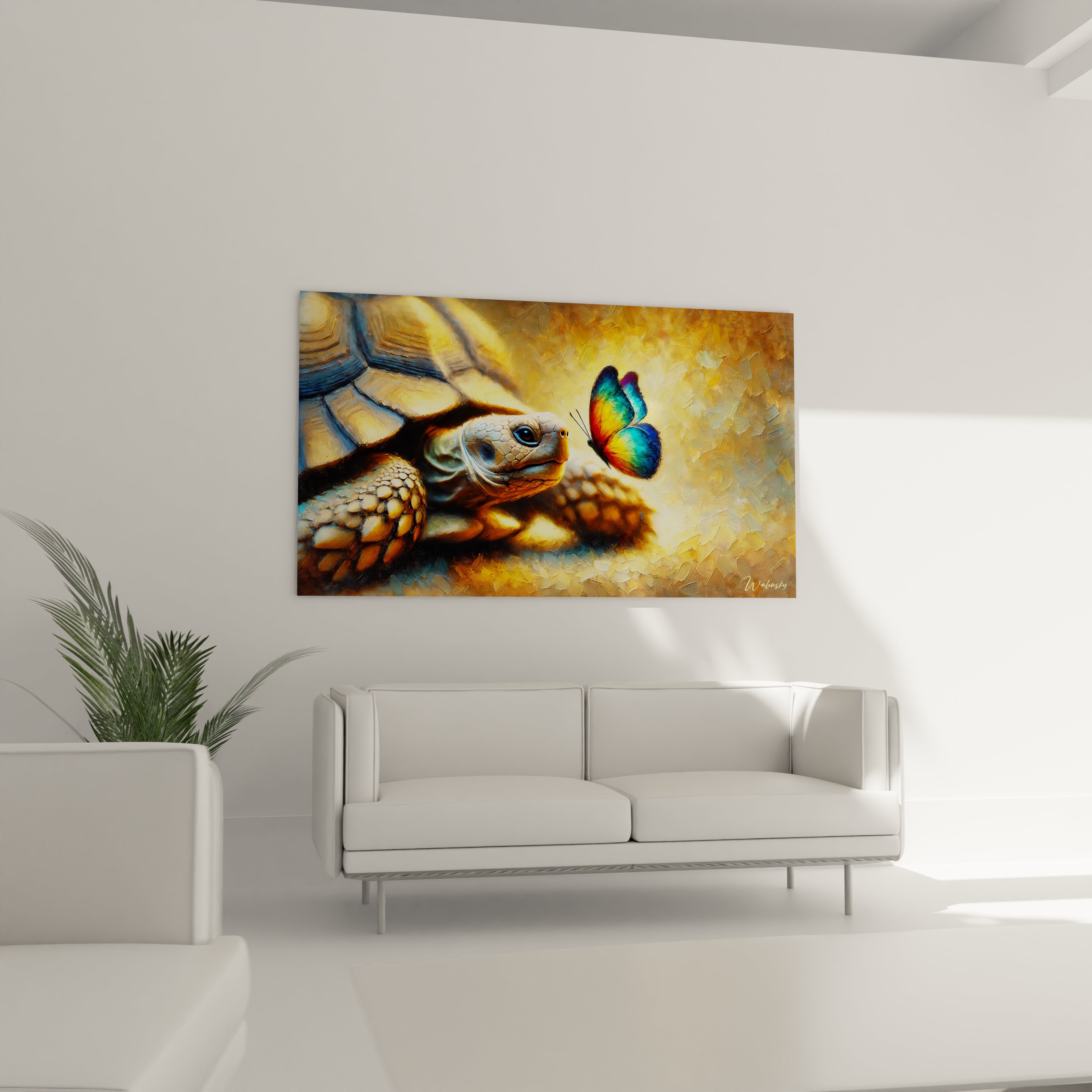 Dans le salon, ce tableau tortue terrestre au-dessus du canapé devient le point focal. Il évoque la symbiose entre lenteur et légèreté, apportant une ambiance apaisante et un lien avec la nature.

