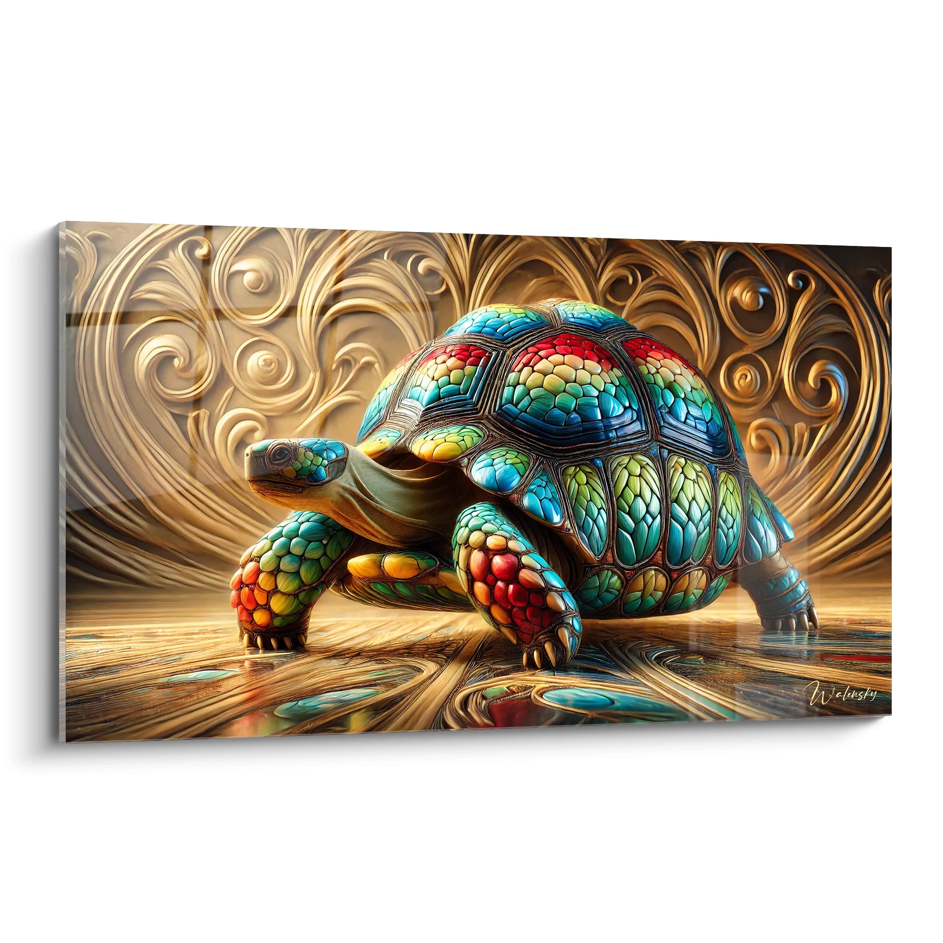 Ce tableau tortue terrestre présente une carapace aux motifs géométriques fascinants. Vue de biais, cette œuvre d’art éclatante capte l'attention avec ses couleurs vibrantes et ses détails minutieux.

