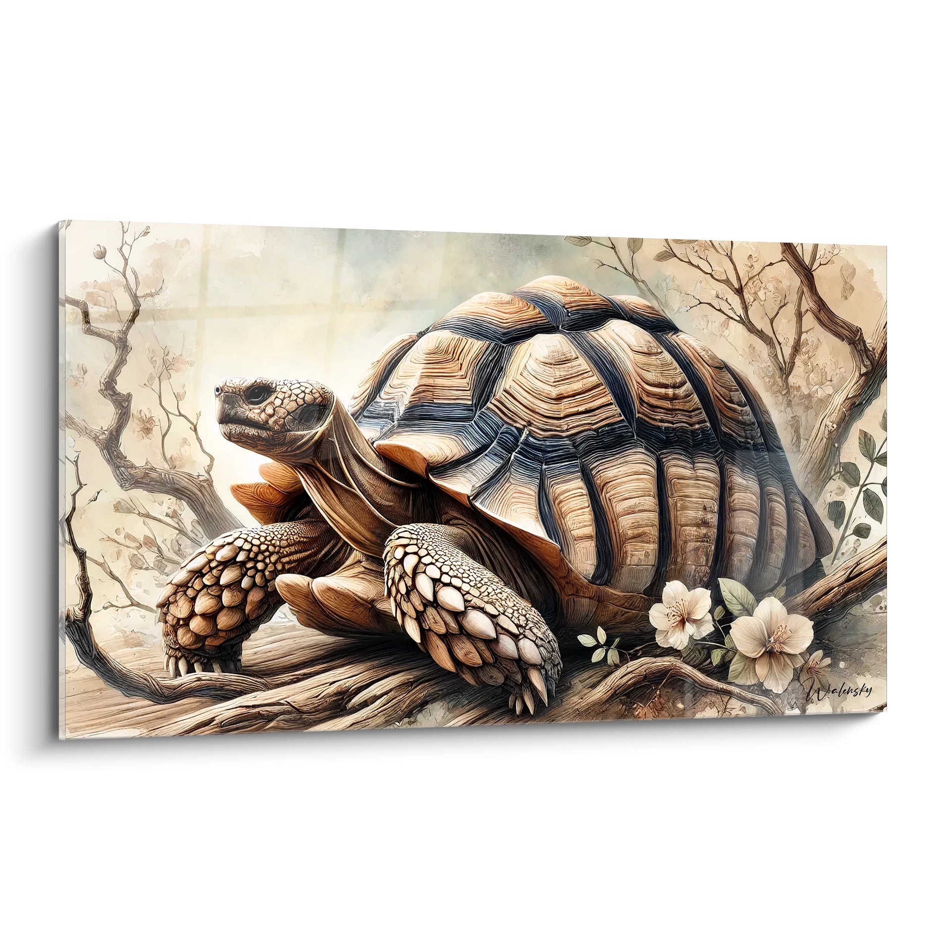 Découvrez ce tableau tortue terrestre présenté de biais, révélant des détails réalistes et des couleurs naturelles. Idéal pour une décoration apaisante, il capture l'harmonie entre nature et art.

