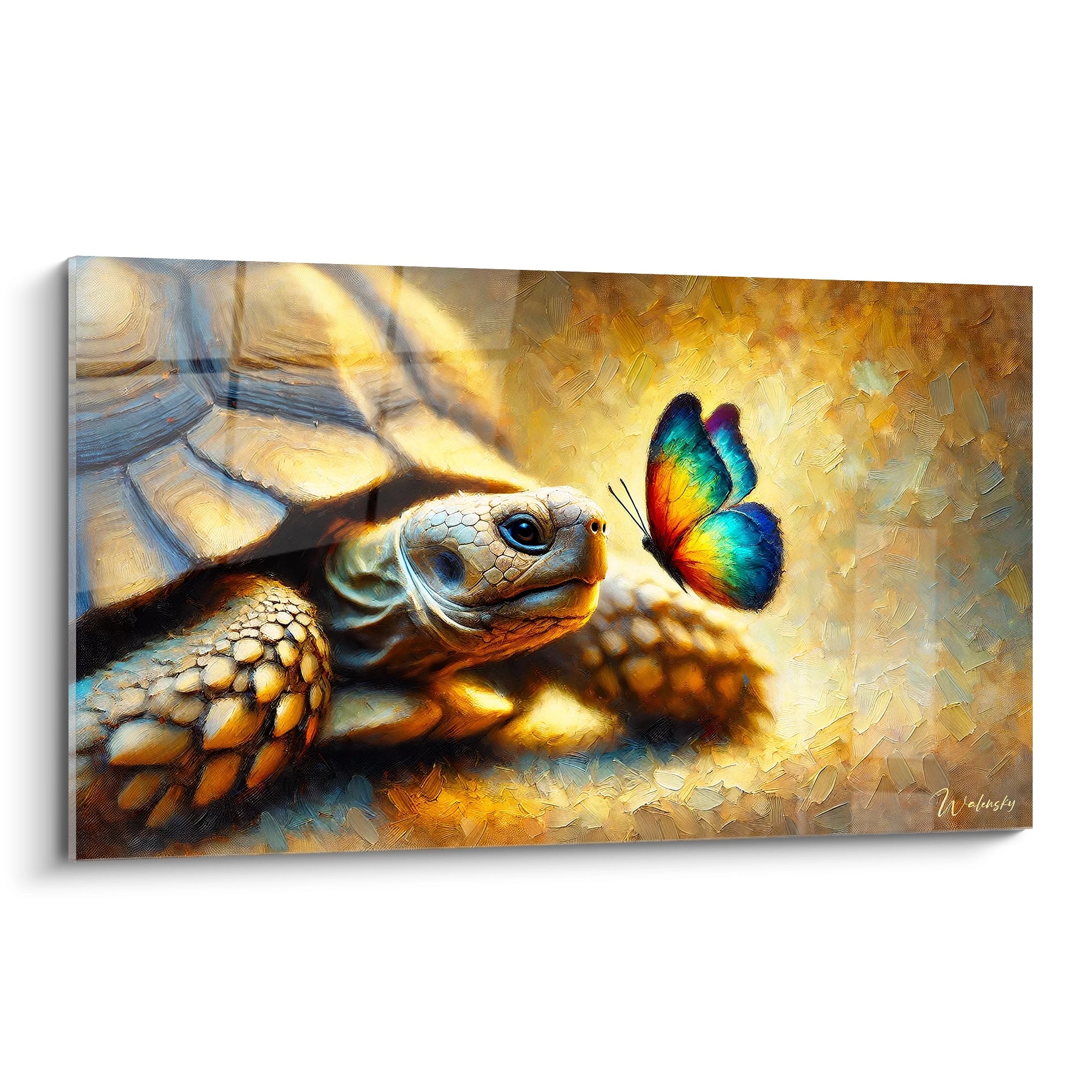 Ce tableau tortue terrestre, vu de biais, dévoile des détails minutieux. La scène apaisante avec un papillon flottant ajoute une touche de sérénité et de beauté naturelle, idéale pour une décoration unique.

