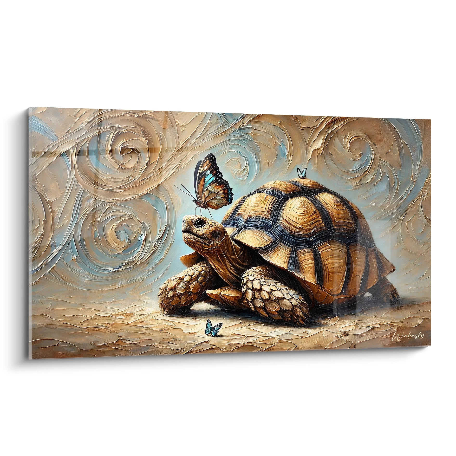 Admirez la serenite du tableau tortue terrestre vue de biais. La tortue et les papillons se melent harmonieusement sur un fond onirique. Parfait pour une decoration calme et contemplative.

