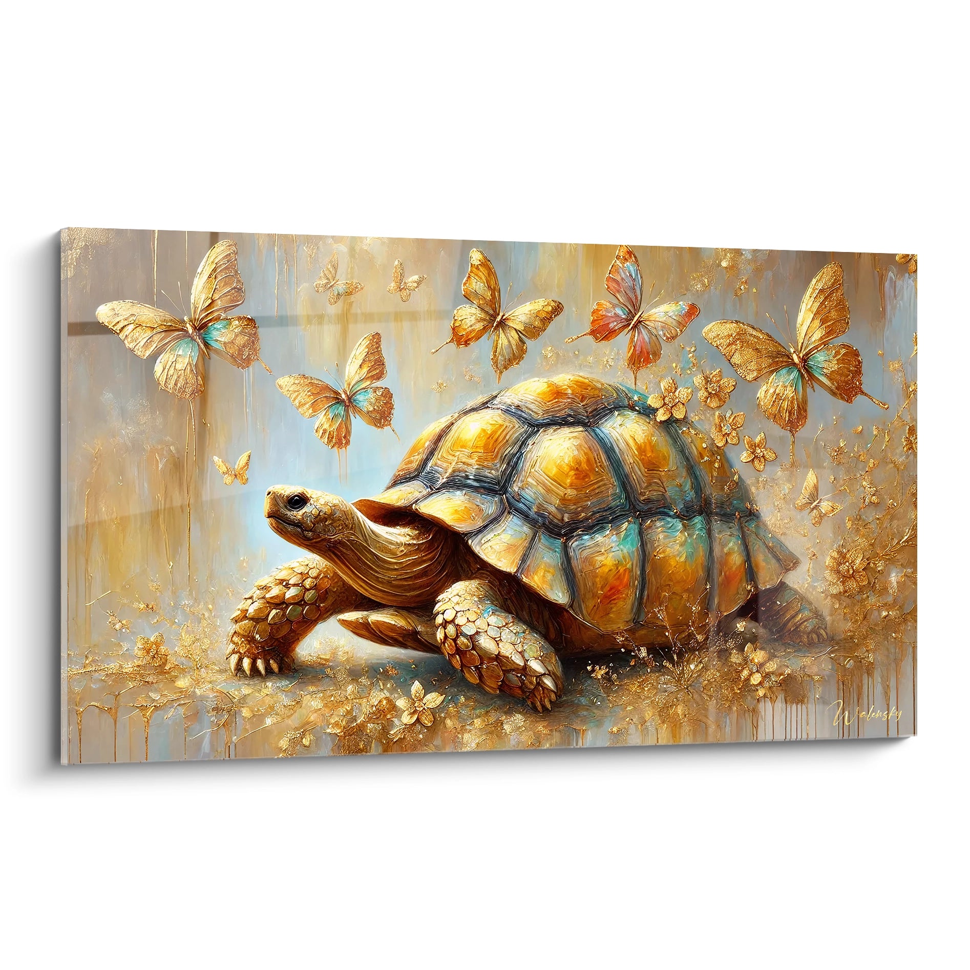 Ce tableau tortue terrestre offre une vue en biais révélant la beauté des textures. Les nuances dorées et bleutées des papillons créent un effet féerique qui transforme n'importe quelle pièce en un espace enchanteur.

