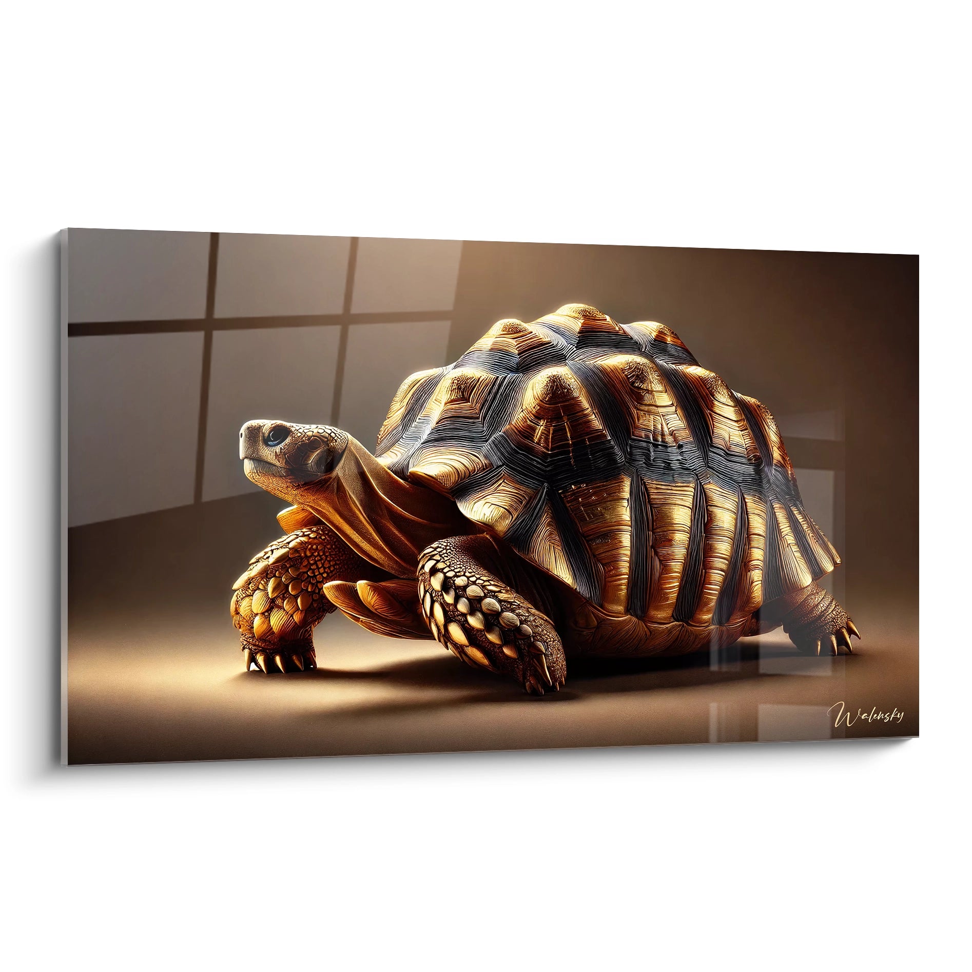 Presentation originale du tableau tortue terrestre vue de biais. Ce tableau capture la force tranquille de la tortue terrestre, avec des details subtiles et textures elegantes pour sublimer n'importe quel interieur.

