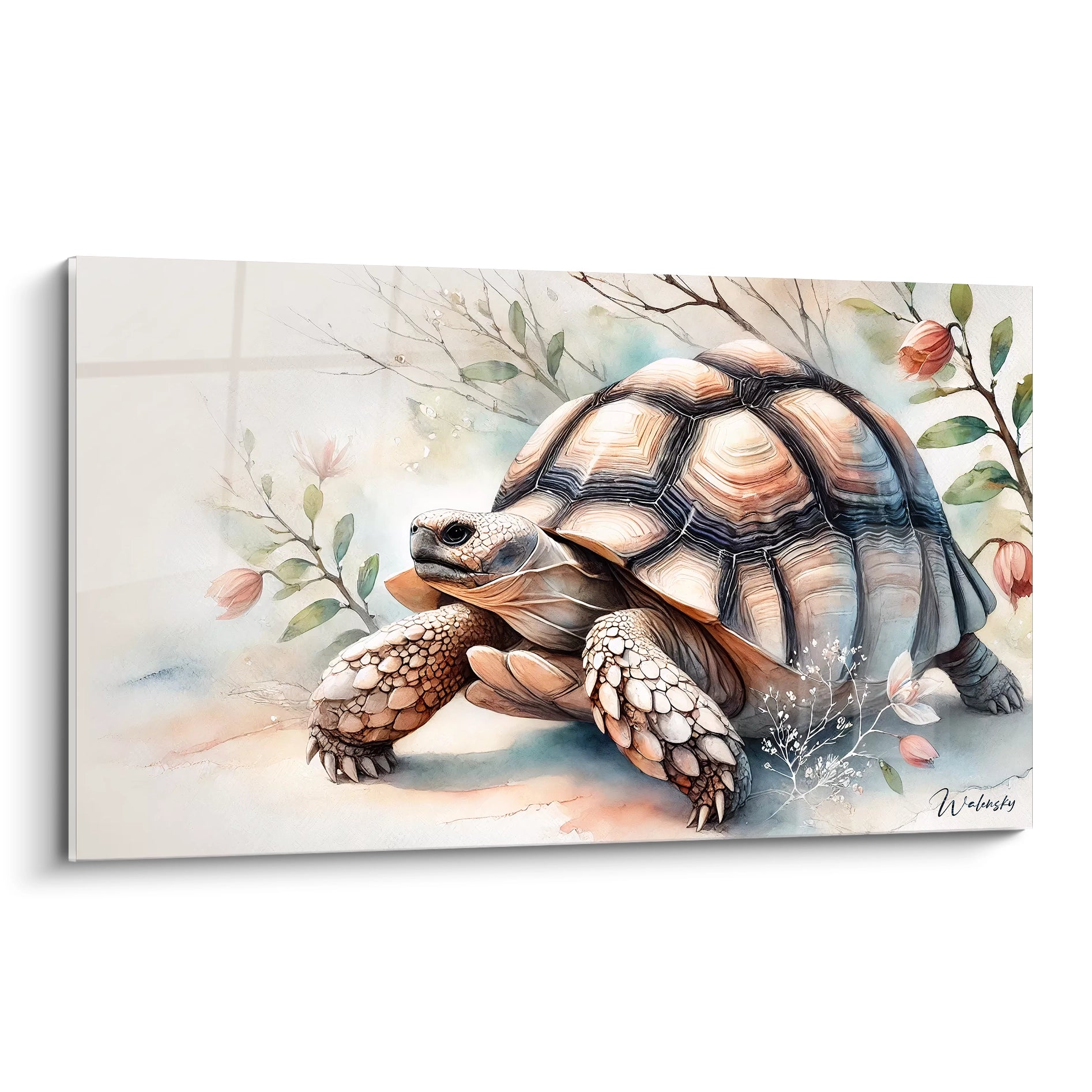 Ce tableau tortue terrestre, vu de biais, capture la serenite de l'animal. Ses nuances pastel et ses details realistes en font une oeuvre ideale pour creer une ambiance naturelle et apaisante.

