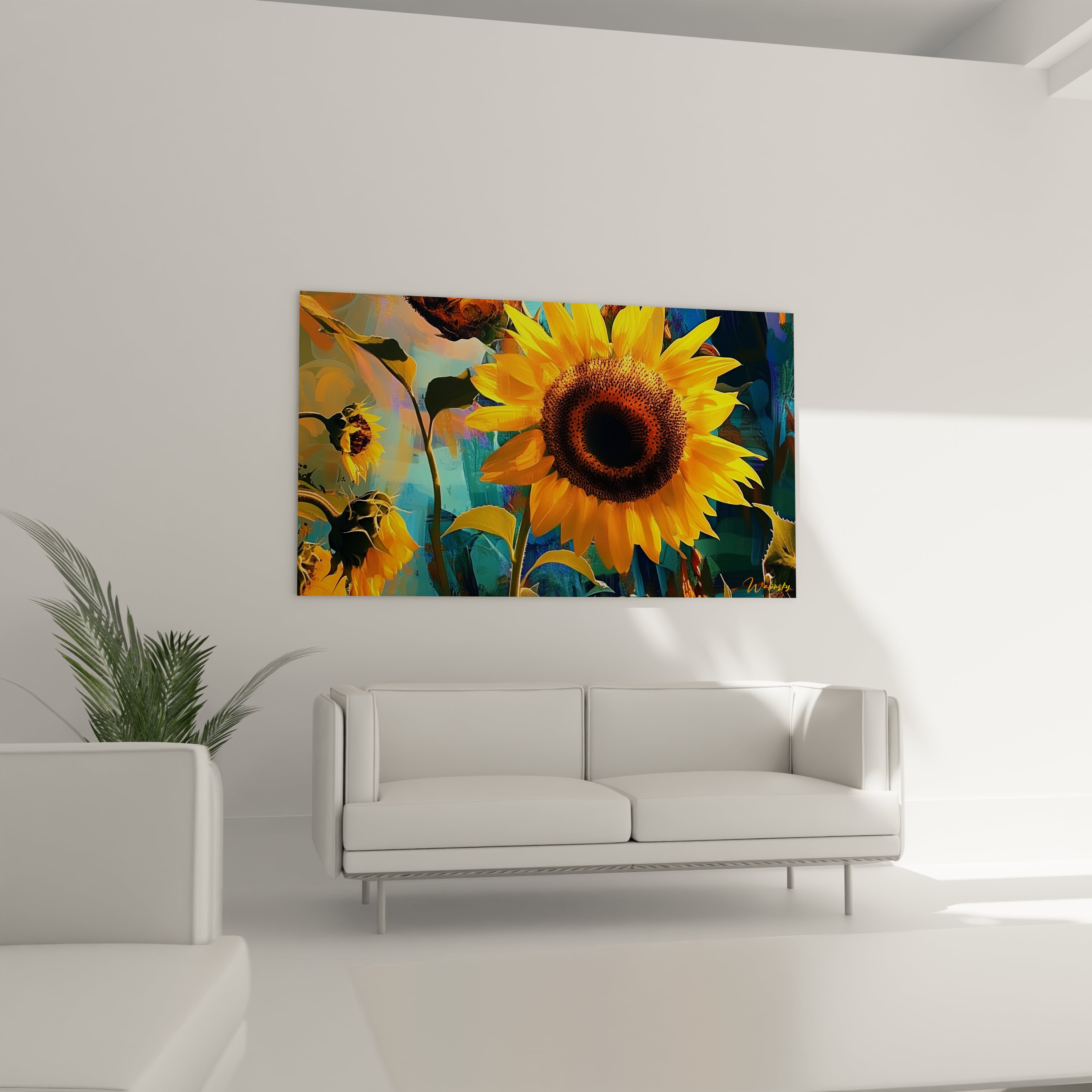 Un tableau tournesol nature illustrant un gros plan de tournesols avec un cœur brun texturé, des pétales lumineux et un fond aux teintes bleues nuancées, jouant sur les contrastes et la profondeur.

