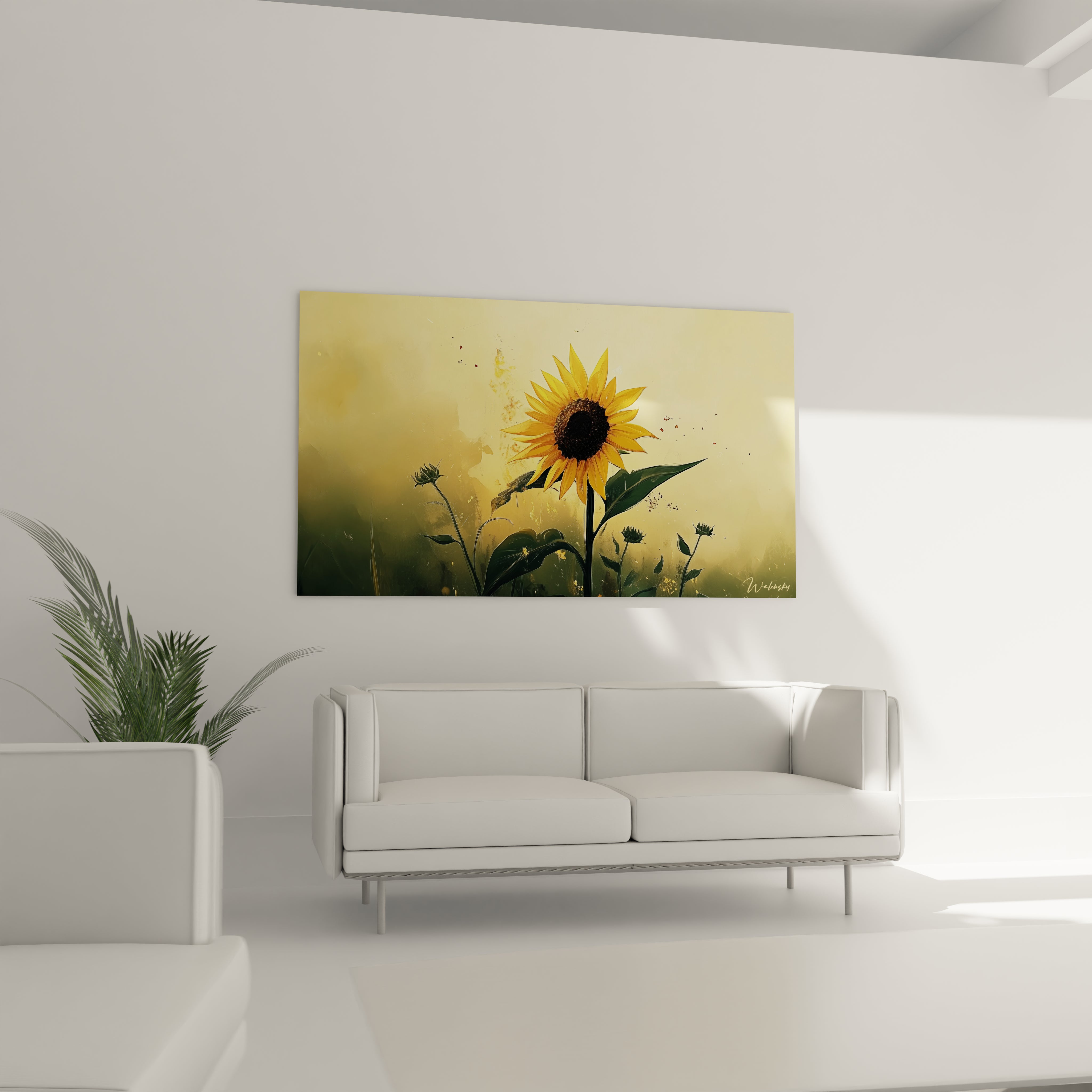 Un tableau tournesol nature mettant en scène un tournesol aux pétales jaunes contrastant avec un fond beige nuancé. Les textures visibles incluent des éclats de couleurs et des variations d’intensité lumineuse.

