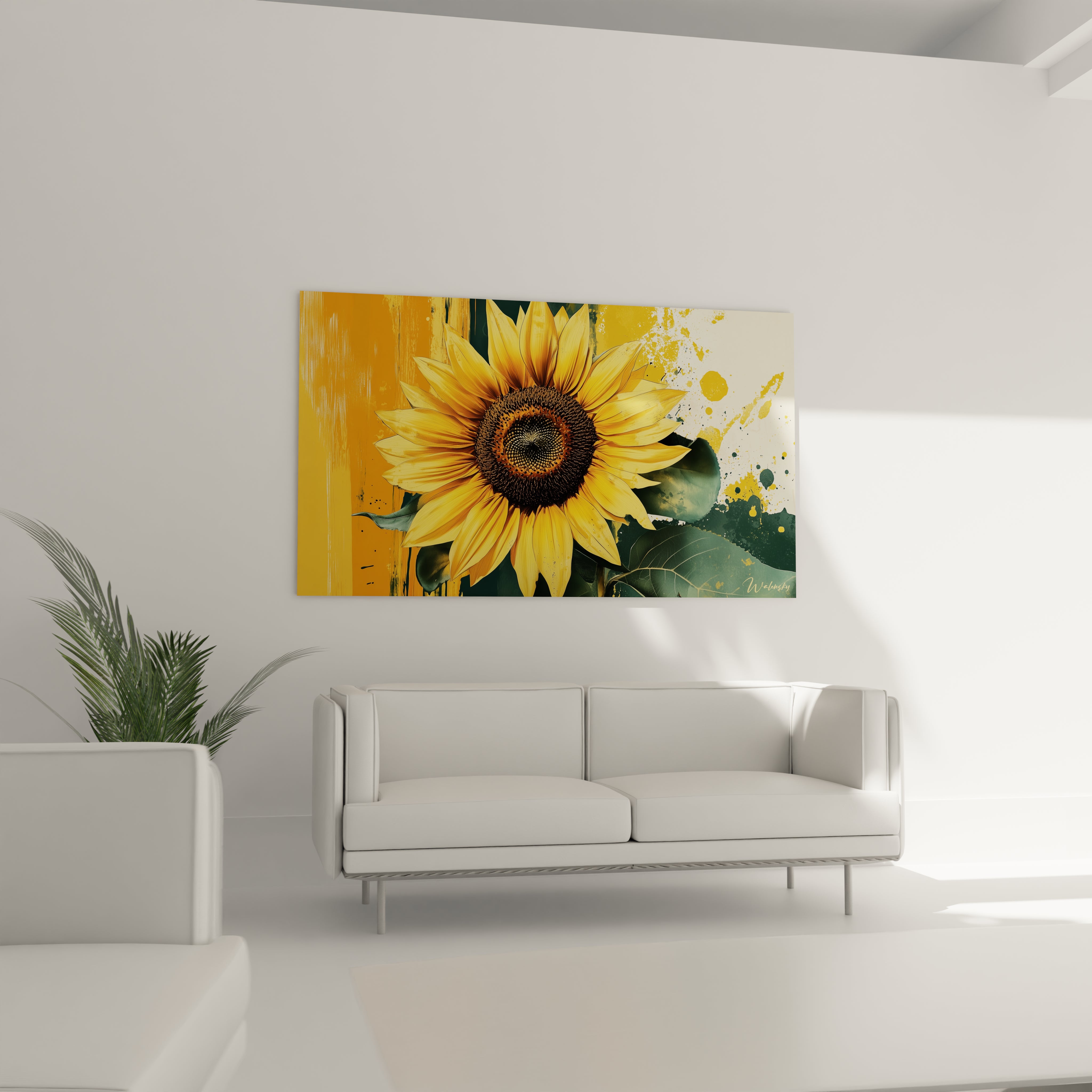 Un tableau tournesol nature représentant un gros plan de la fleur avec un centre brun texturé et des pétales lumineux. L’arrière-plan combine des éclaboussures dorées et vertes sur une base beige texturée.

