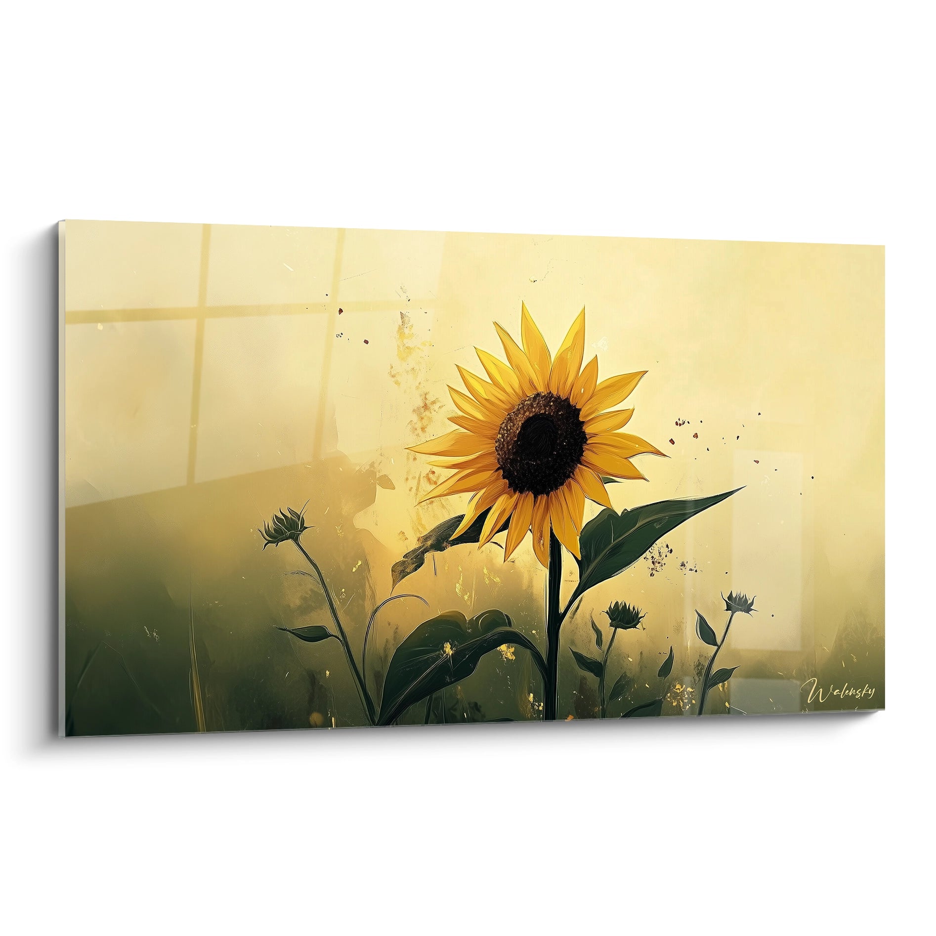 Un tableau tournesol nature représentant un grand tournesol central avec des pétales jaunes et un cœur brun, entouré de feuilles vertes, sur un fond beige texturé avec des effets de flou et de lumière diffuse.

