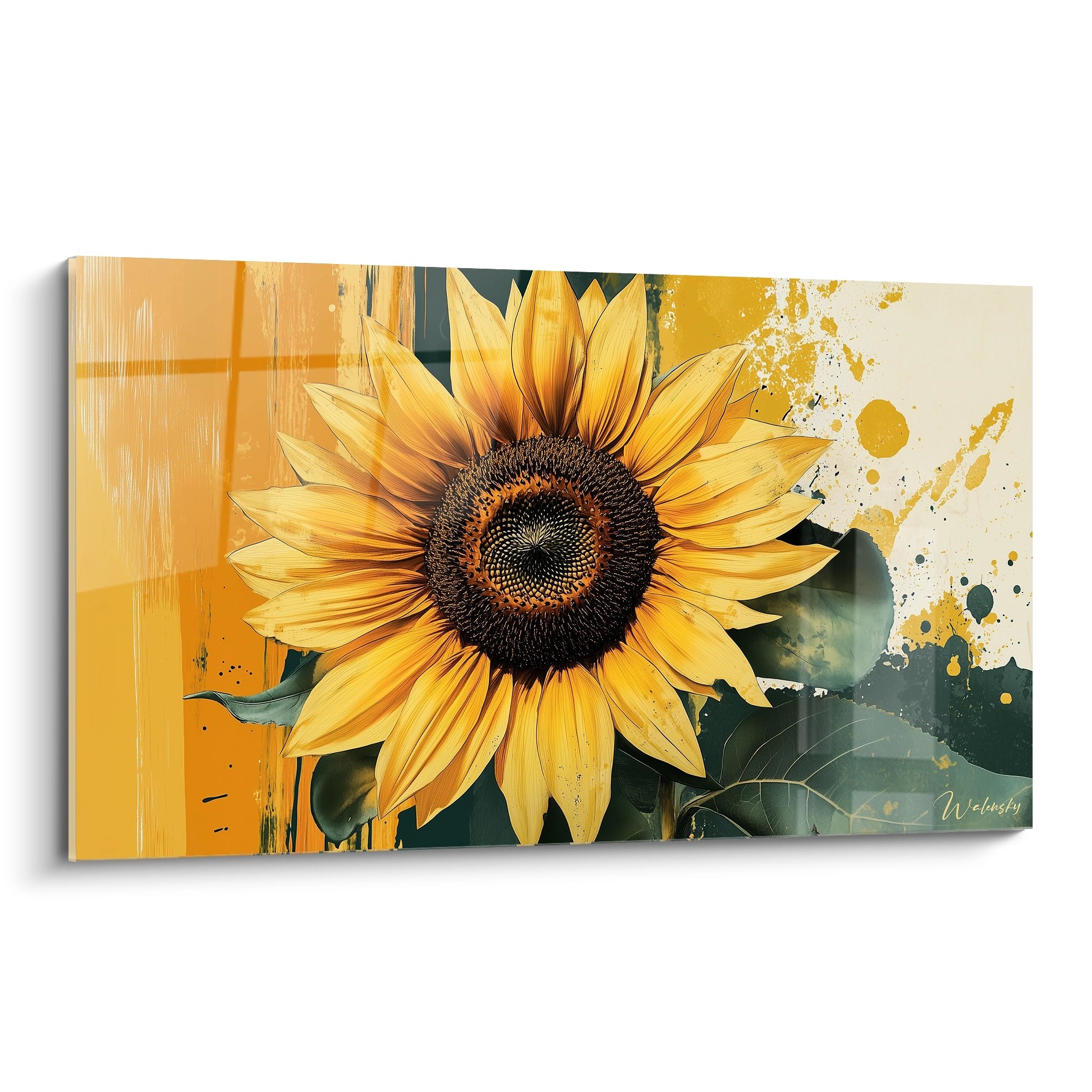 Un tableau tournesol nature illustrant une grande fleur jaune avec un centre texturé brun foncé. L’arrière-plan présente des éclats de peinture dorés, verts et beige, avec des effets de brossage dynamique.

