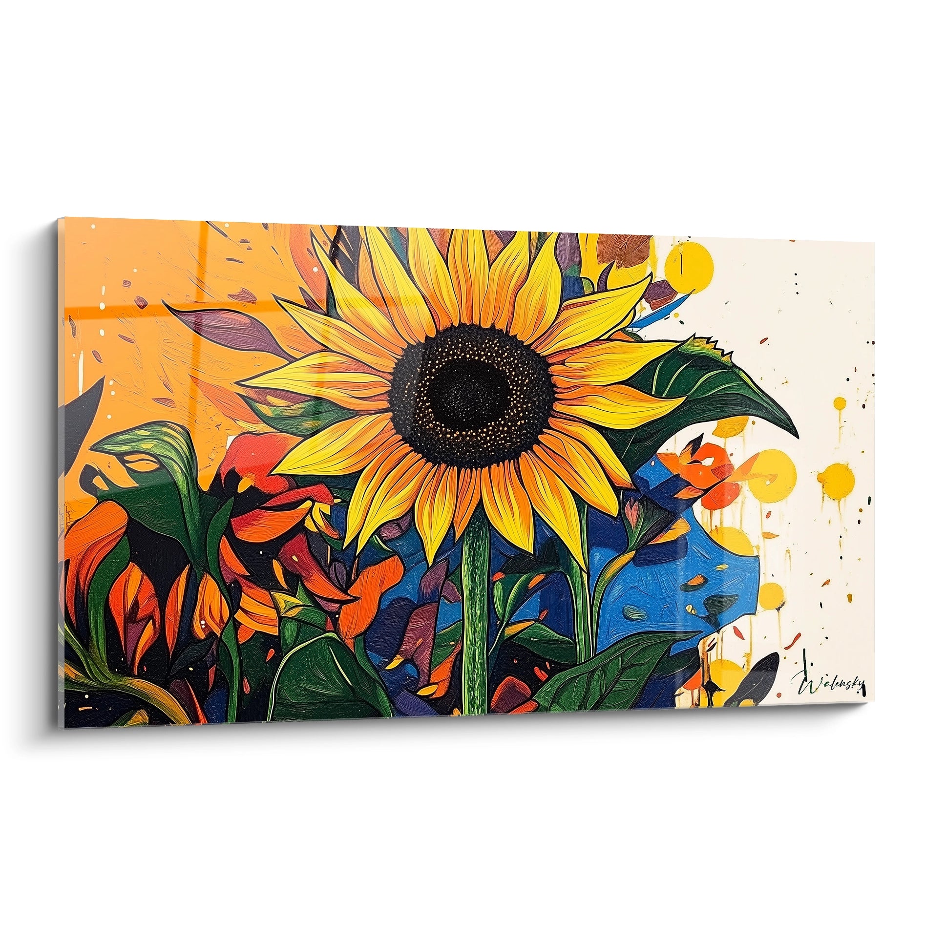 Un tableau tournesol nature représentant un grand tournesol central aux pétales jaunes et orange, entouré de feuillage vert foncé. Le fond texturé mélange des touches de bleu, blanc et orange.

