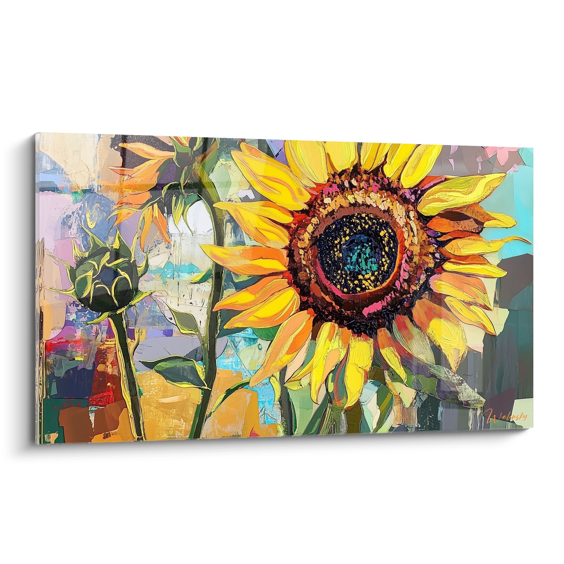 Un tableau tournesol nature représentant un tournesol en gros plan, avec des pétales jaune vif, un centre brun texturé et un fond multicolore. Effets de reliefs et touches épaisses visibles.

