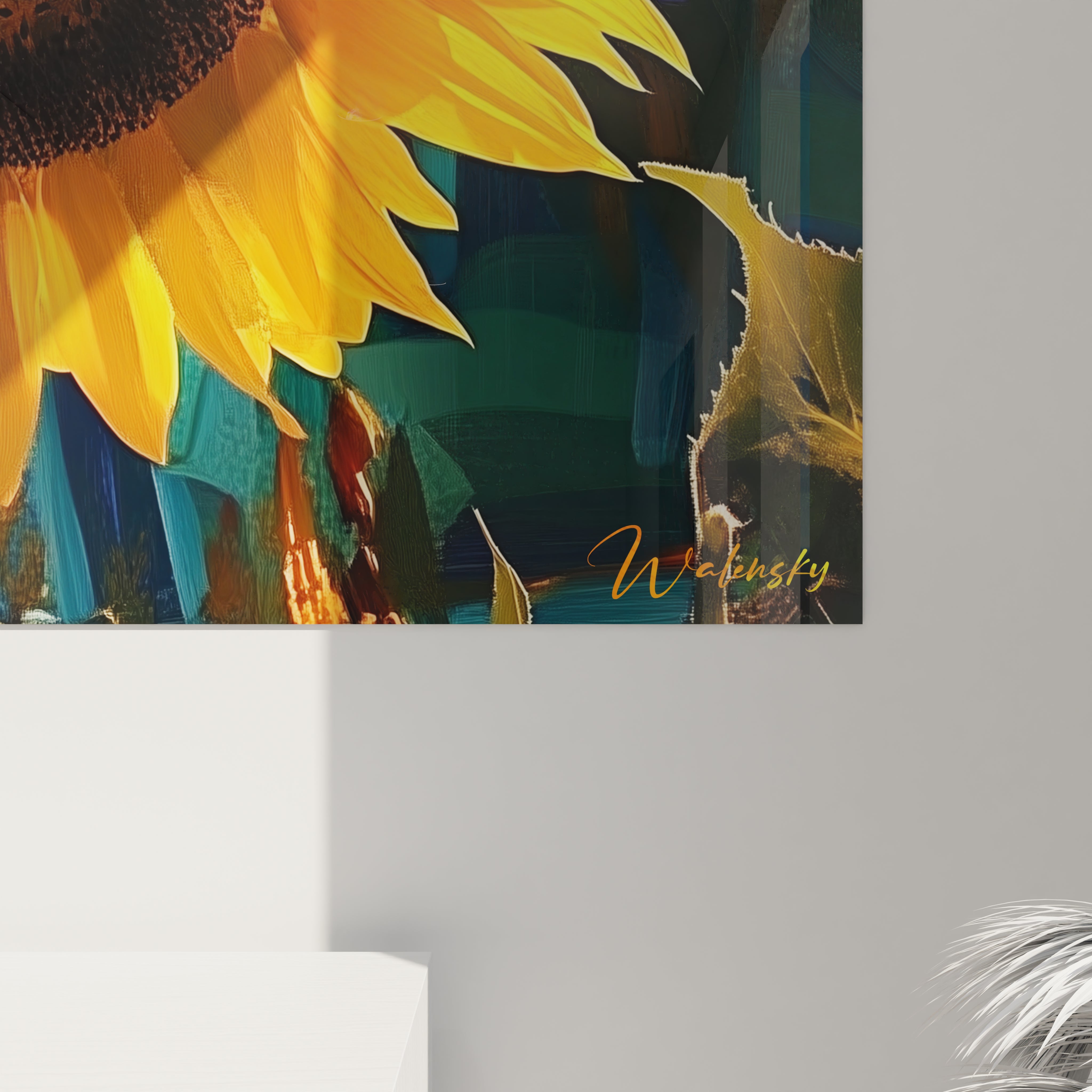 Un tableau tournesol nature montrant une composition dynamique de tournesols jaunes et orange, des tiges vertes et un fond bleu accentué par des effets visuels de mouvements et de textures variées.







