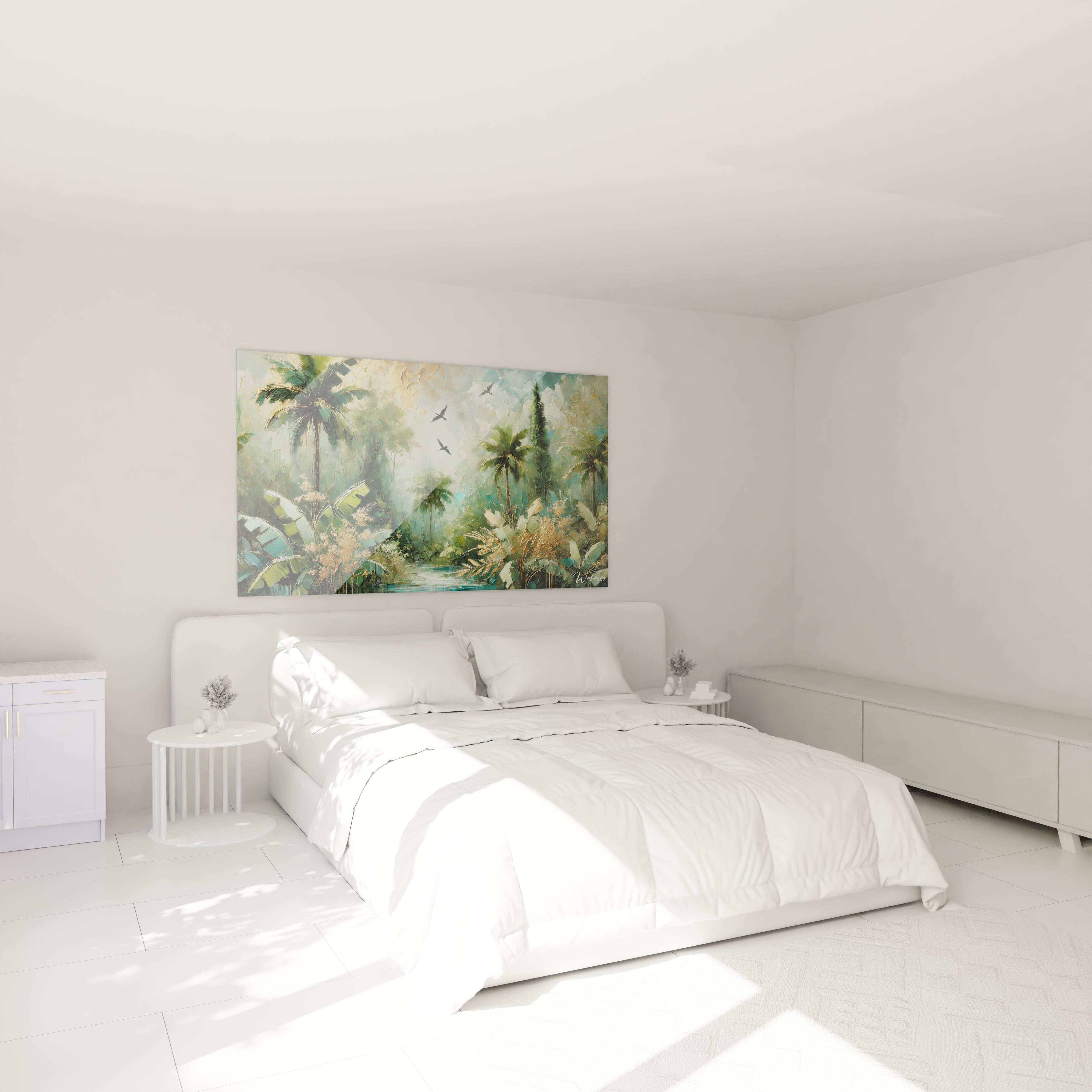 Admirez le tableau tropicales dans une chambre au-dessus du lit, apportant une touche moderne et colorée à votre espace. Sa richesse visuelle crée une ambiance accueillante.

