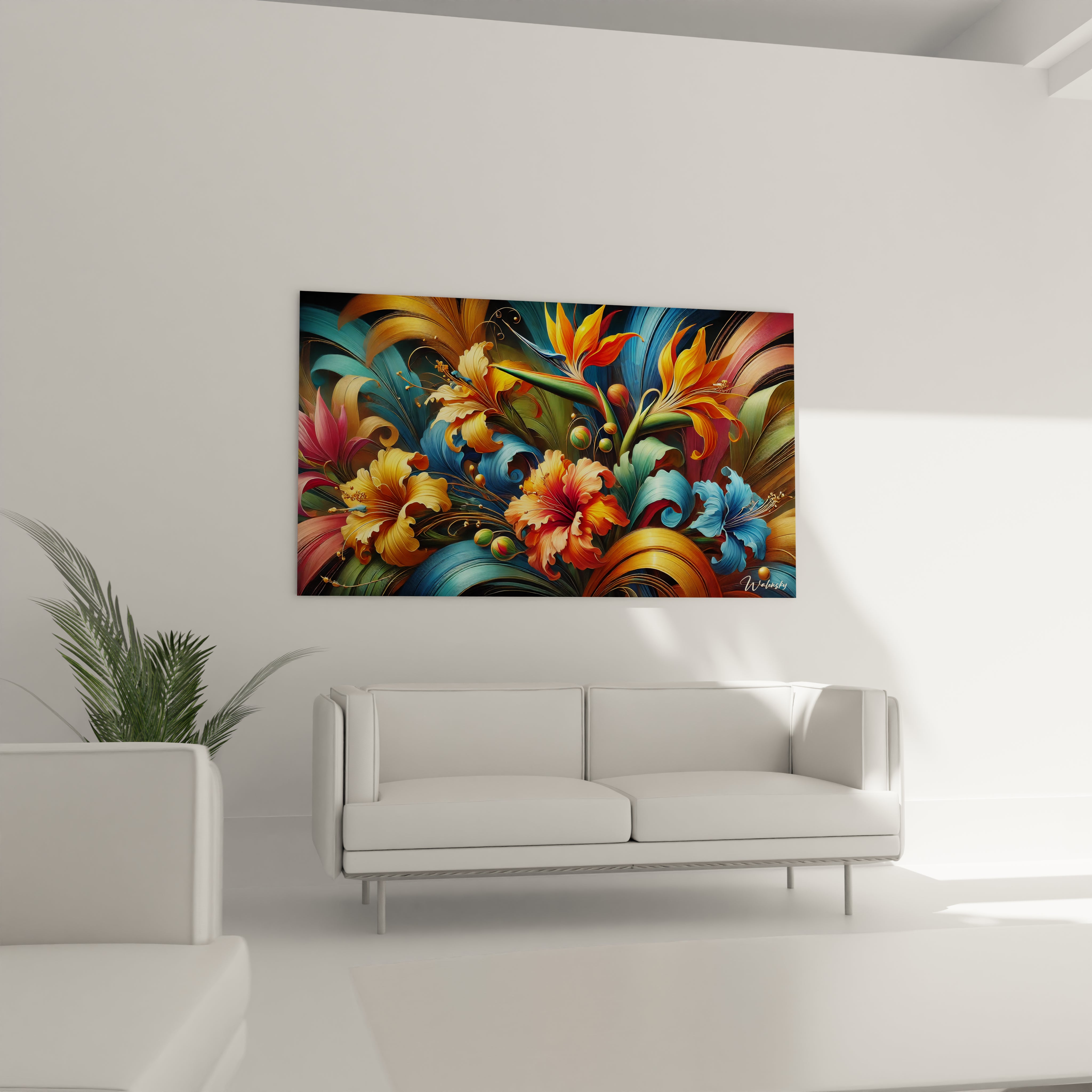 Dans le salon, ce tableau tropicales embellit l'espace au-dessus du canapé. Sa palette de couleurs éclatantes et son design contemporain apportent une touche d'élégance à votre intérieur.

