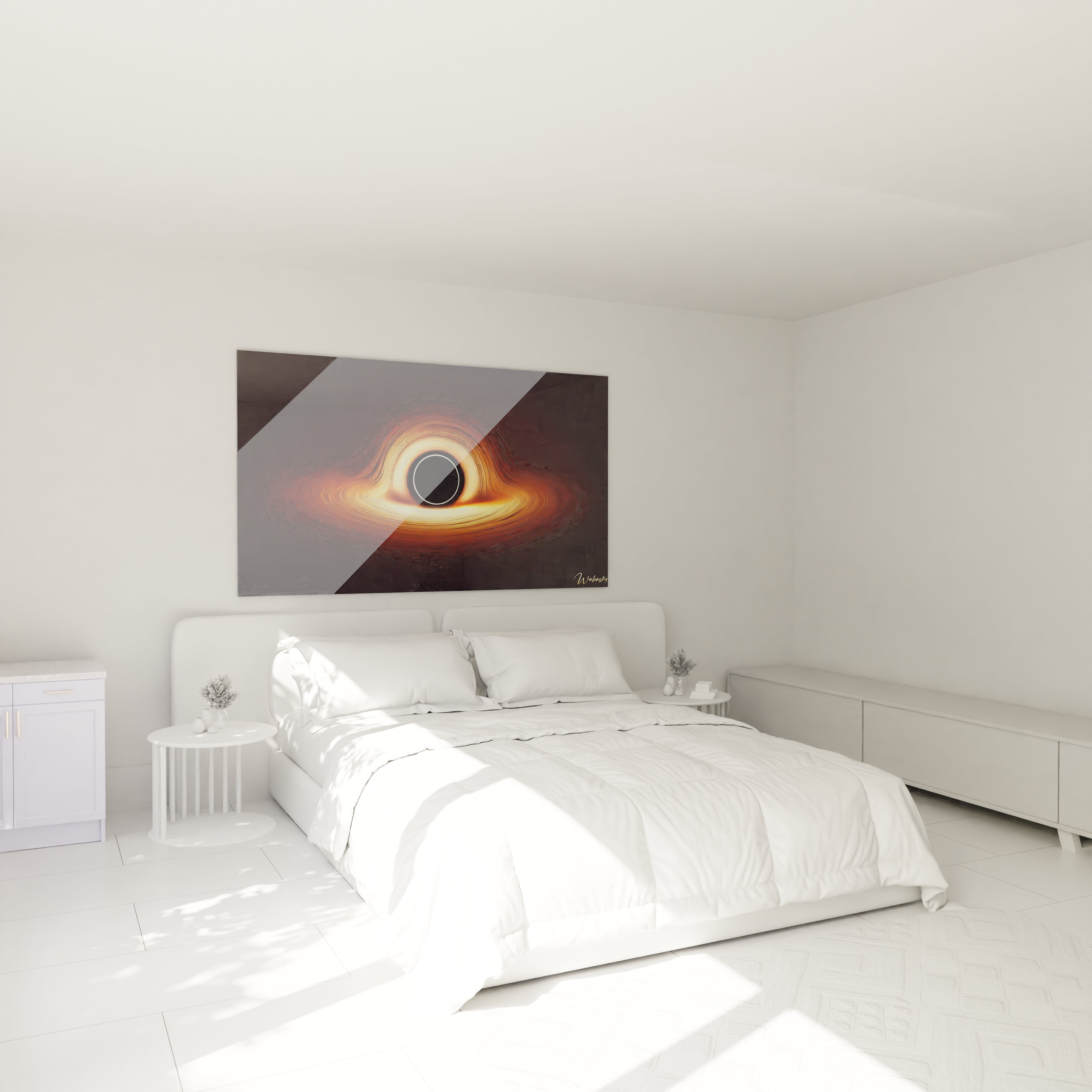 Dans cette chambre, le tableau univers ajoute une touche de serenite mystique. Accroche au-dessus du lit, il invite a explorer les merveilles cachees de l'espace et a rever grand.

