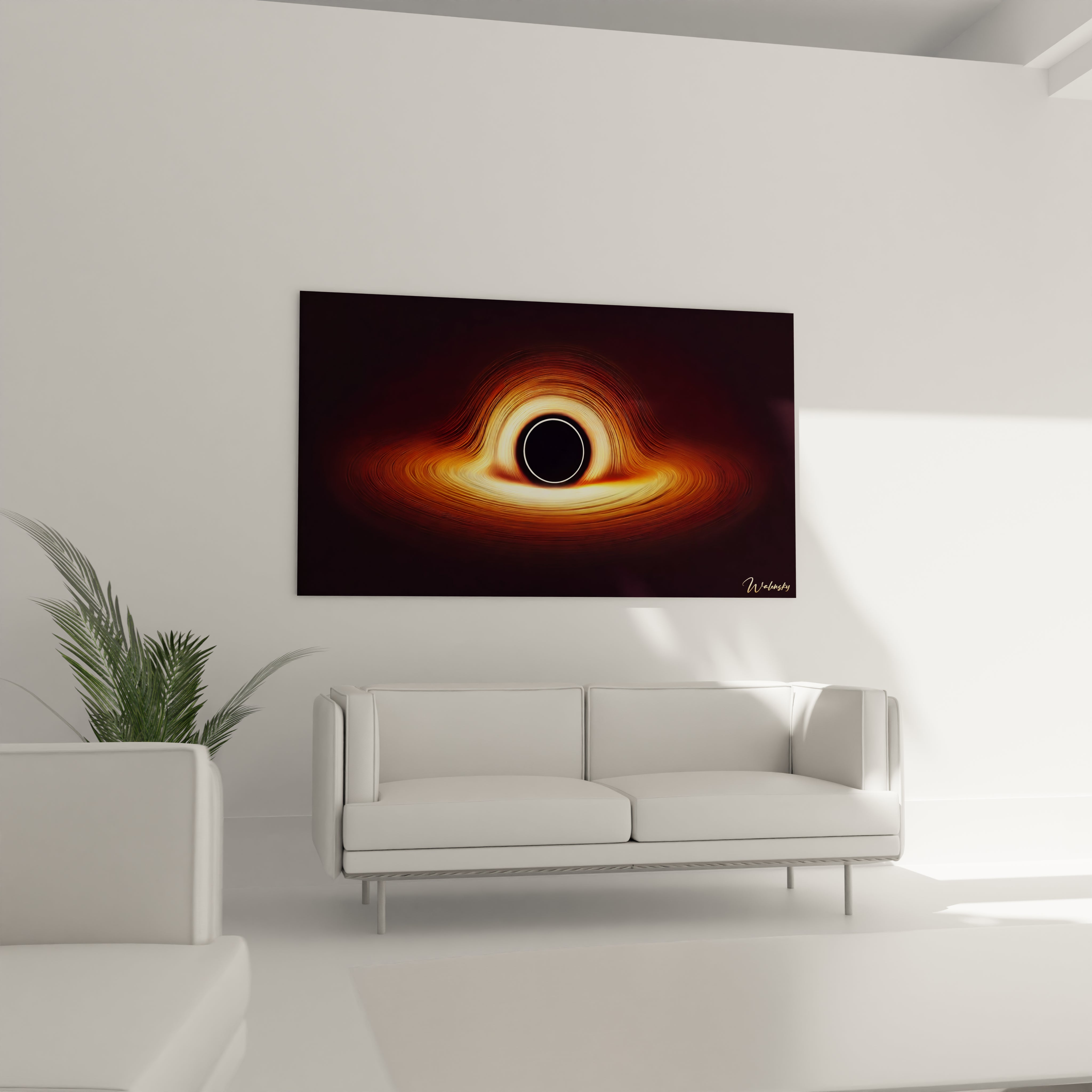 Sublime dans ce salon, le tableau univers attire le regard avec son energie cosmique. Place au-dessus du canape, il transforme l'espace en un veritable voyage galactique.

