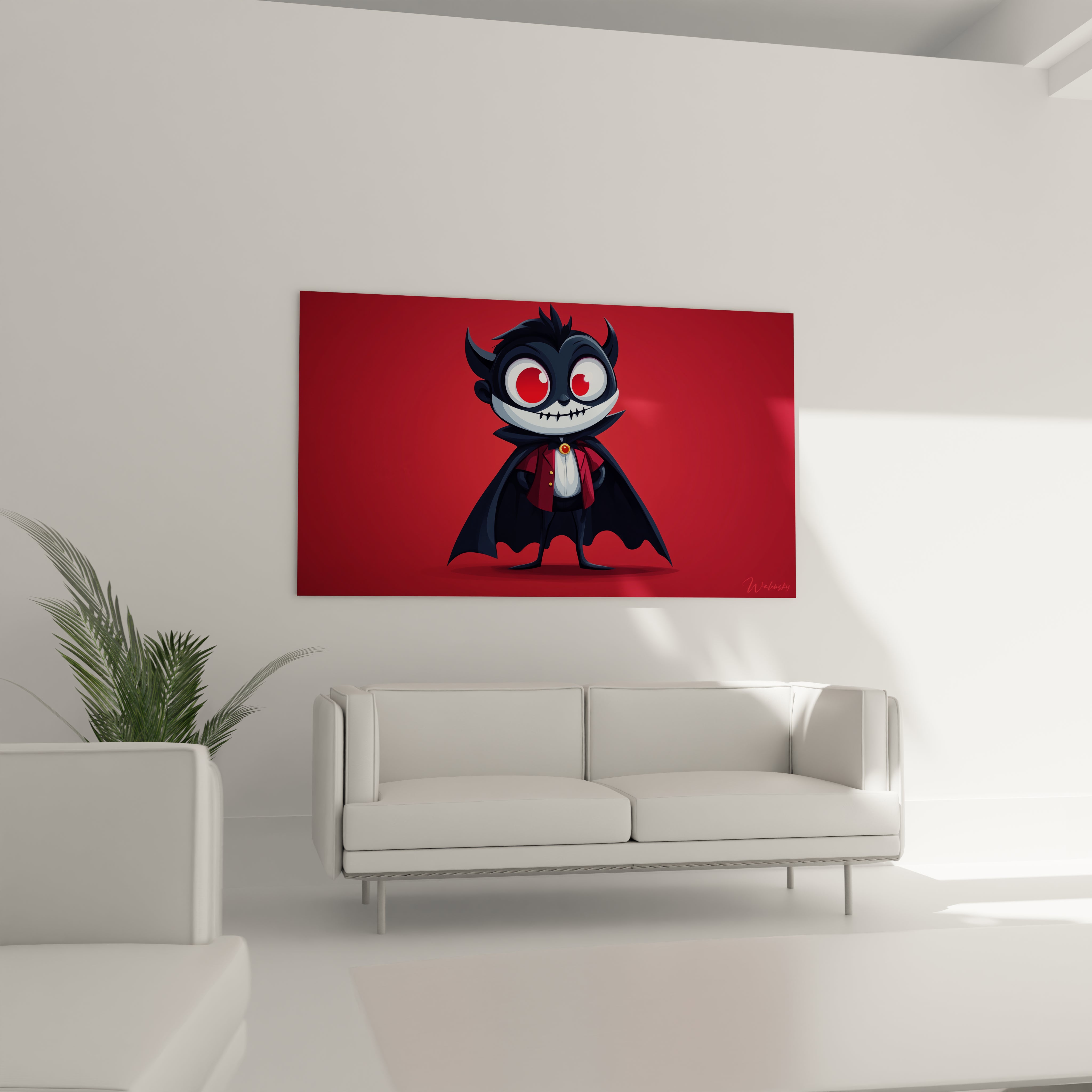 Un tableau vampire pour enfant illustrant un personnage stylisé avec des formes arrondies, une peau pâle contrastant avec des vêtements sombres et un décor rouge vif. L’image présente des contours nets et précis.

