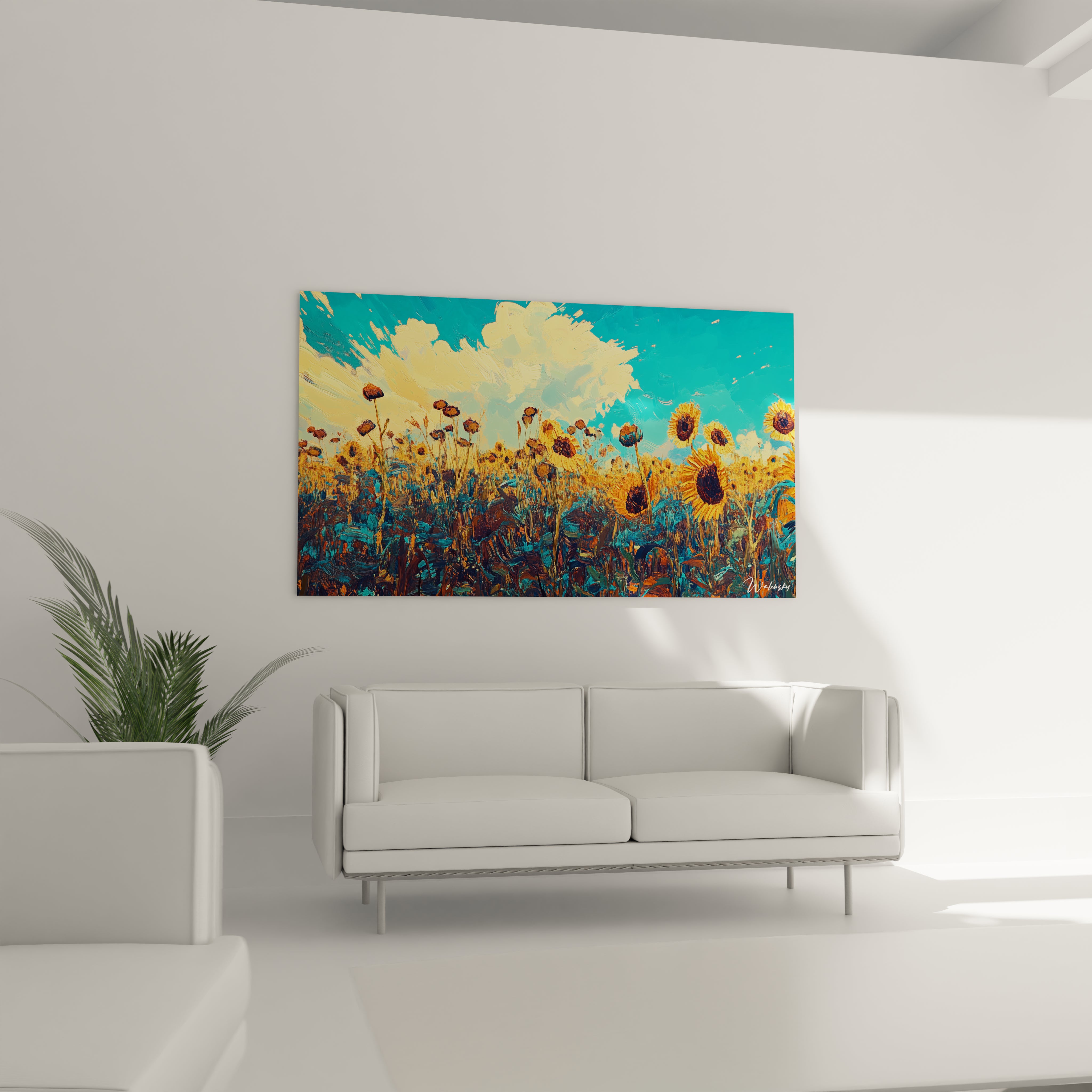 Un tableau Vincent Van Gogh centré sur des tournesols, avec des coups de pinceau visibles, des tons jaunes éclatants, un ciel bleu clair et des détails de végétation en vert.

