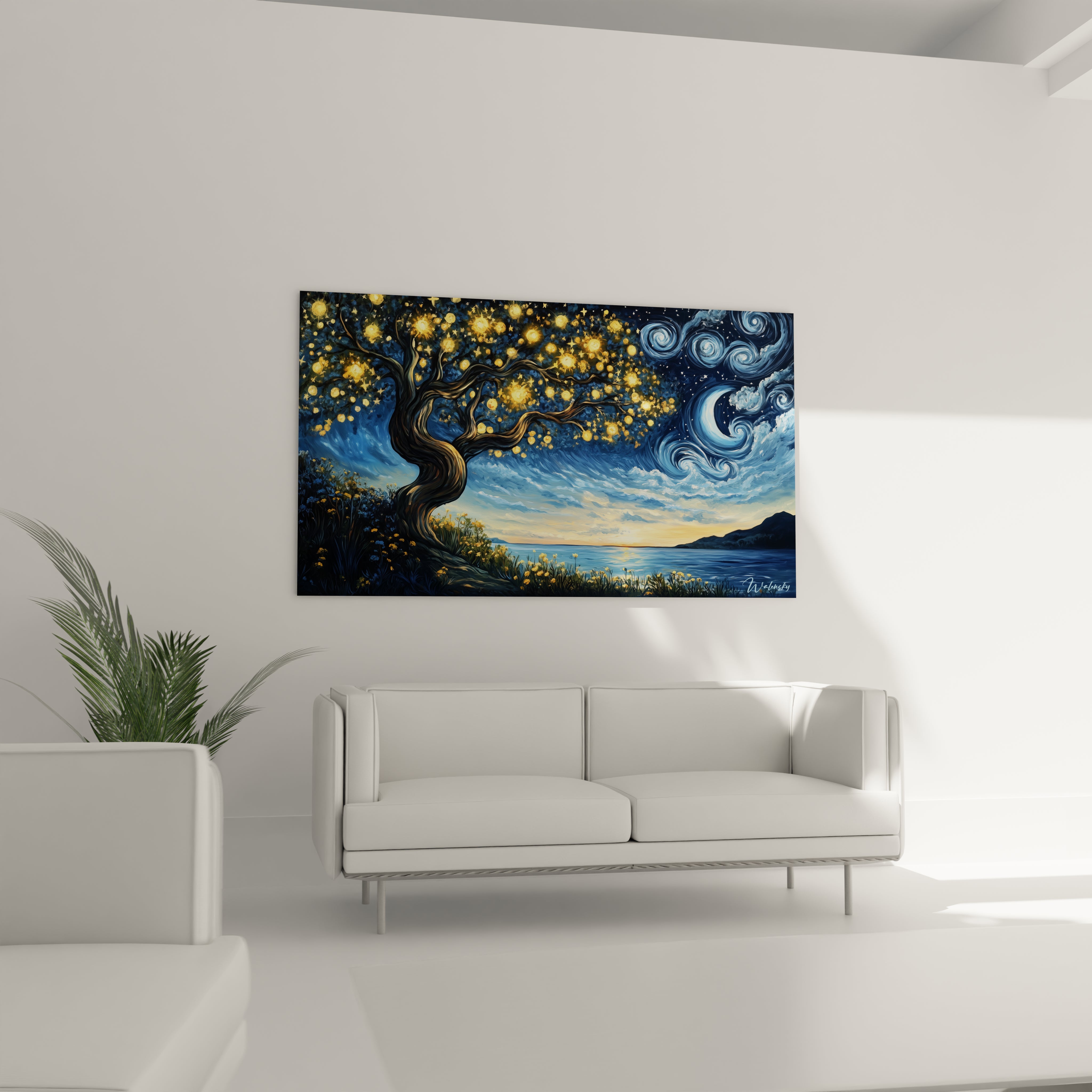 Un tableau Vincent Van Gogh illustrant un paysage nocturne avec un arbre lumineux, des fleurs jaunes au sol, et un ciel étoilé texturé dans des tons de bleu, noir, et blanc.

