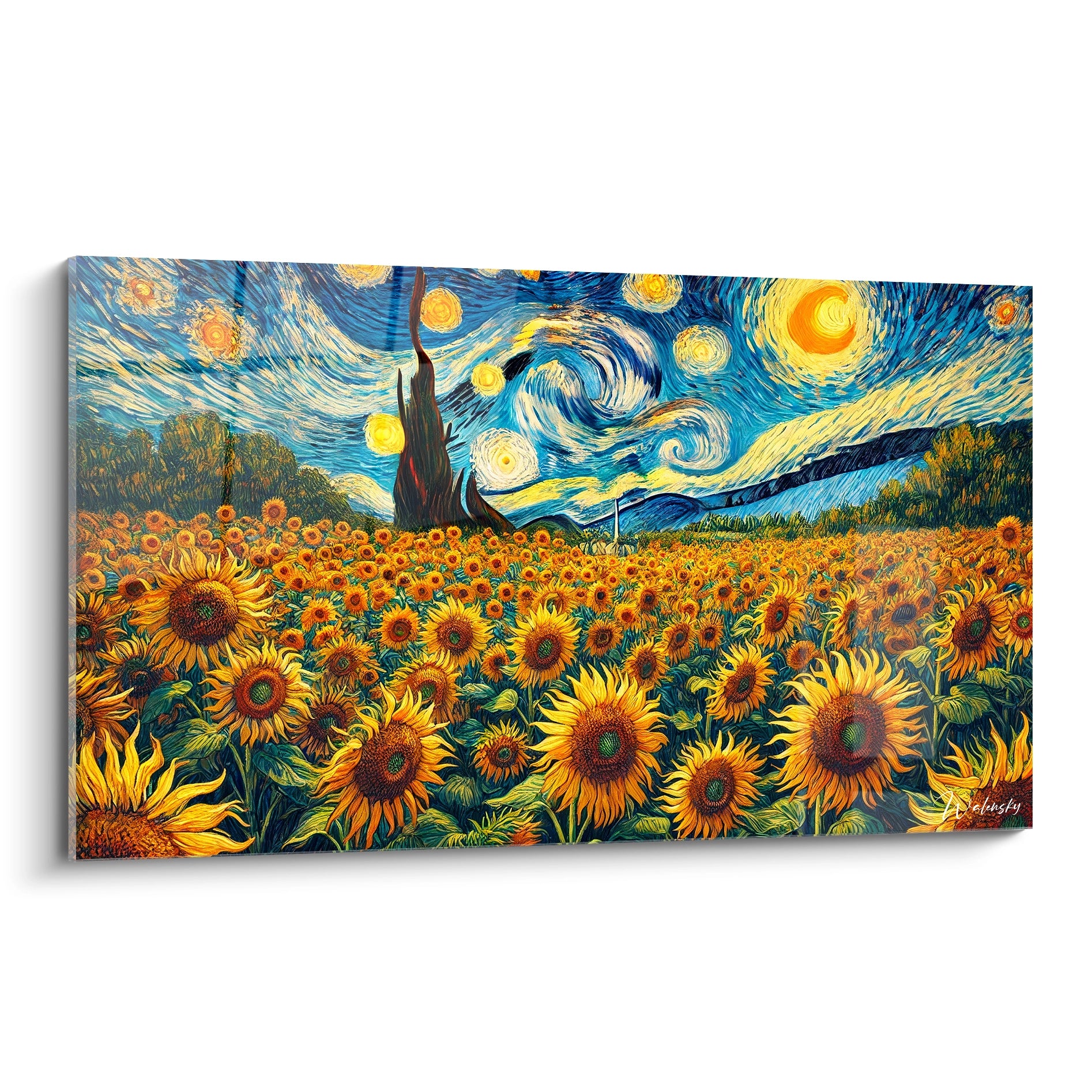 Un tableau Vincent Van Gogh montrant un champ de tournesols jaunes et un ciel étoilé bleu, avec des spirales et des reliefs de peinture texturés.

