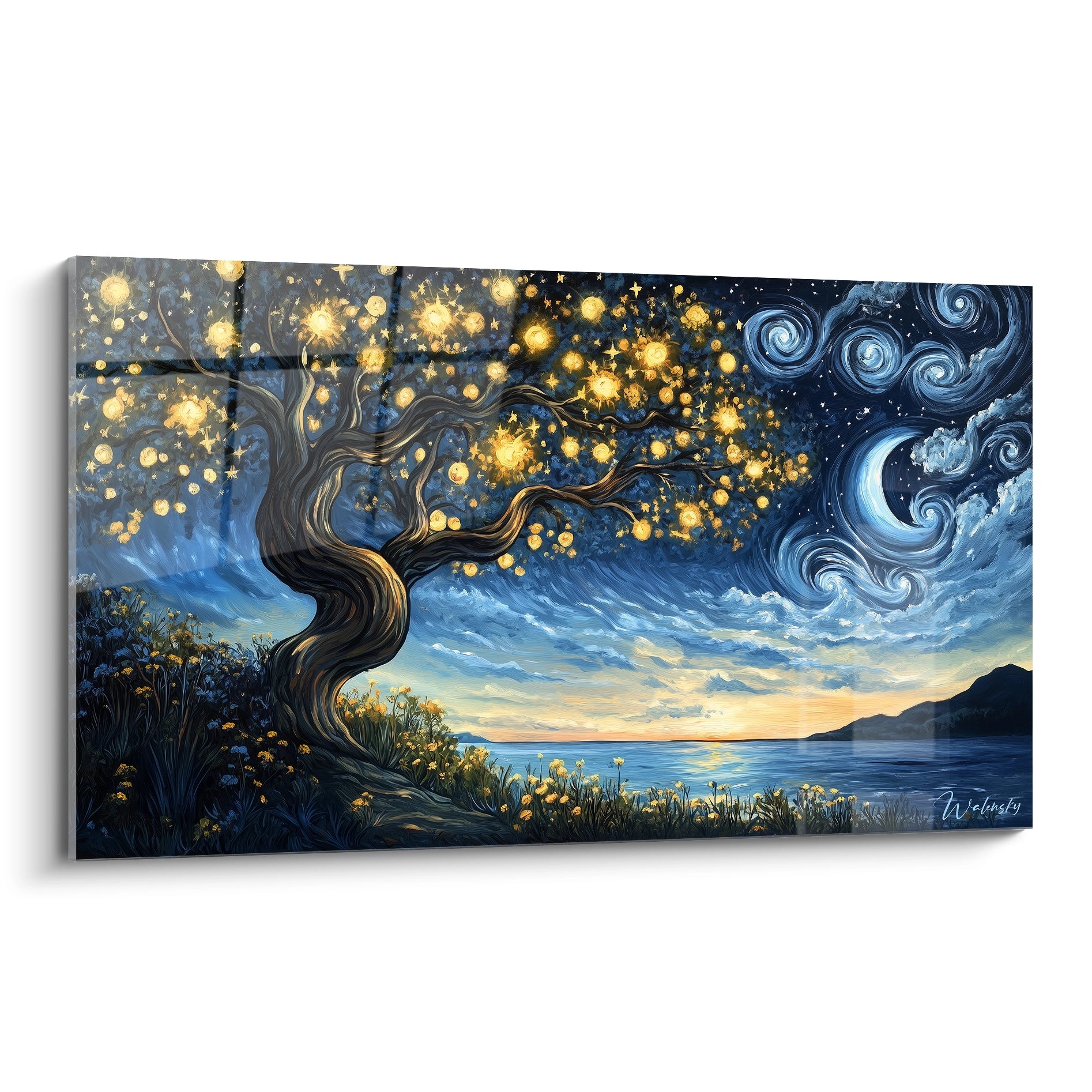 Un tableau Vincent Van Gogh représentant un arbre illuminé de lueurs dorées, sur un fond de ciel bleu nuit tourbillonnant avec des étoiles blanches et des textures fluides.

