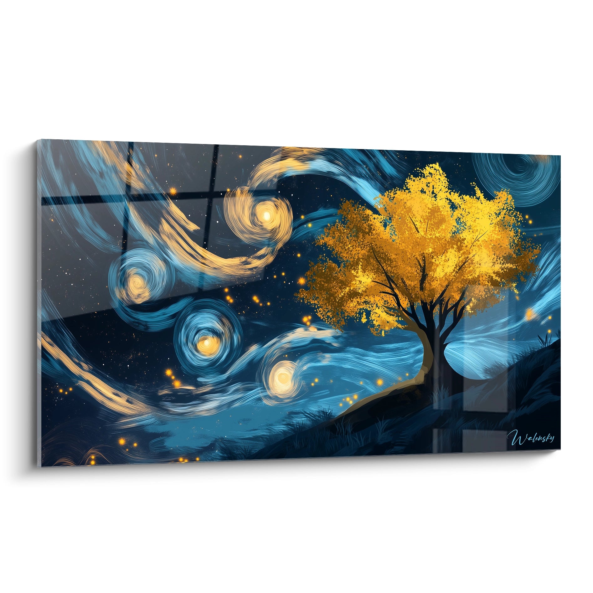 Un tableau Vincent Van Gogh illustrant un arbre doré sur un fond nocturne, avec des spirales bleues et jaunes, mettant en avant des textures fluides et dynamiques.

